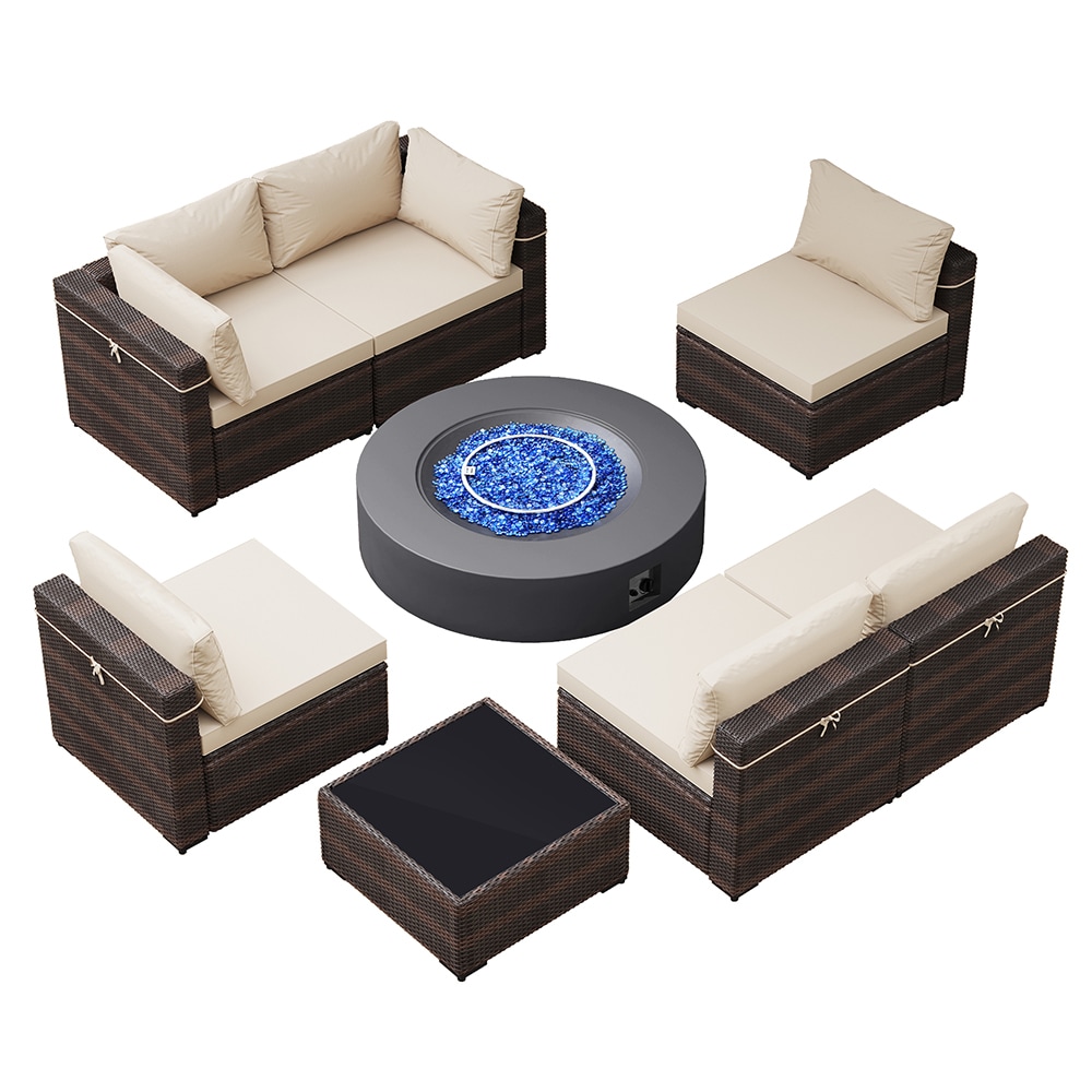 Patio Watcher SF123-B42TP 8 -Piece Rattan Patio Sofa Conversation Set with Tan Cushions
