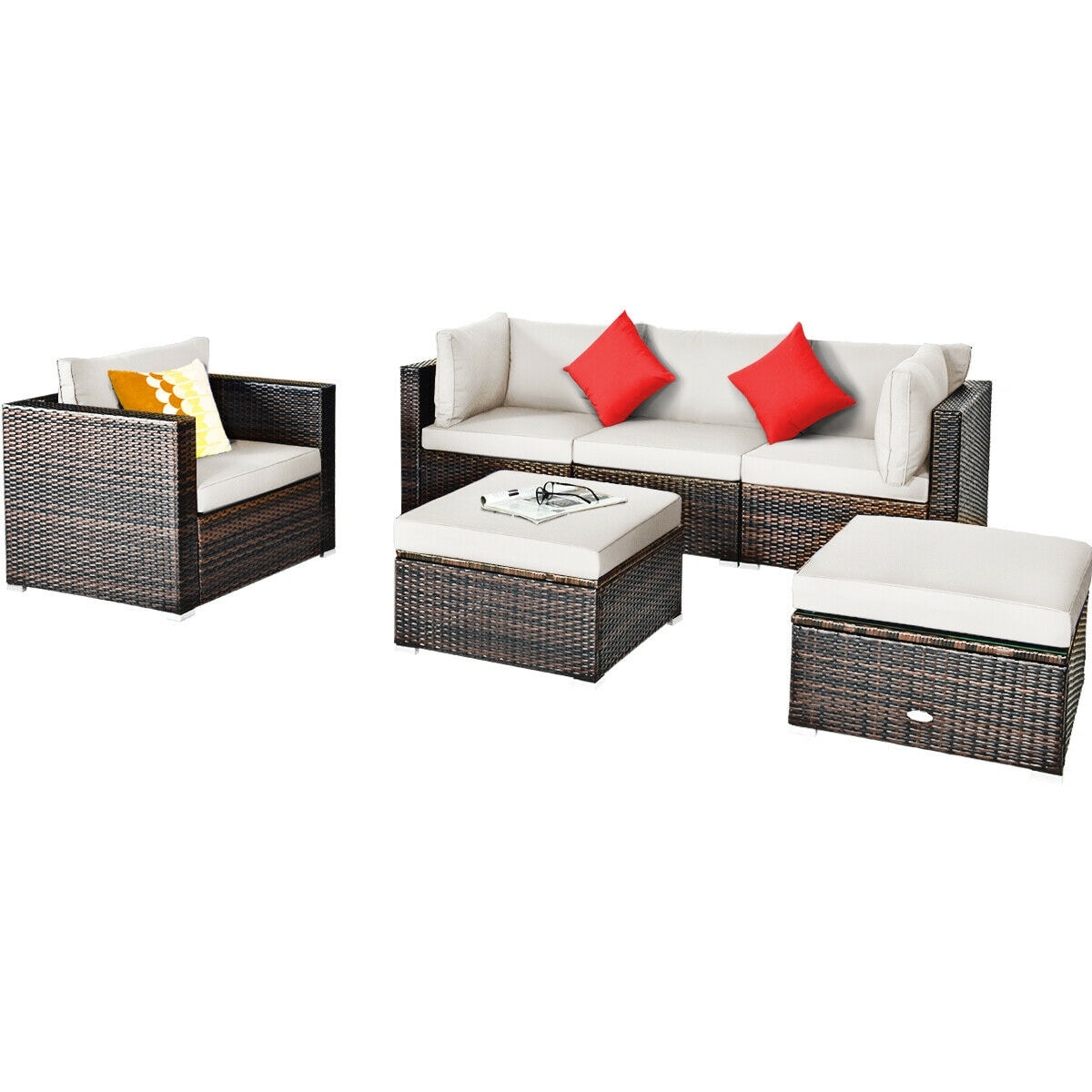 Slickblue D-CO-+HW77836WH 6-Piece Rattan Patio Conversation Set with 2 Ottomans 2 Corner Sofas 1 Single Sofa 1 Armless Sofa With Cushions Included for Deck Garden or Poolside- Blue/Red/White/ Black