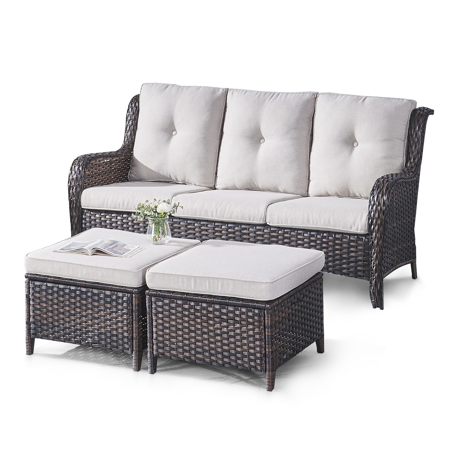Rilyson FS013014-2 Curved handrail Wicker Outdoor Sofa with Beige Cushions and Wicker Frame