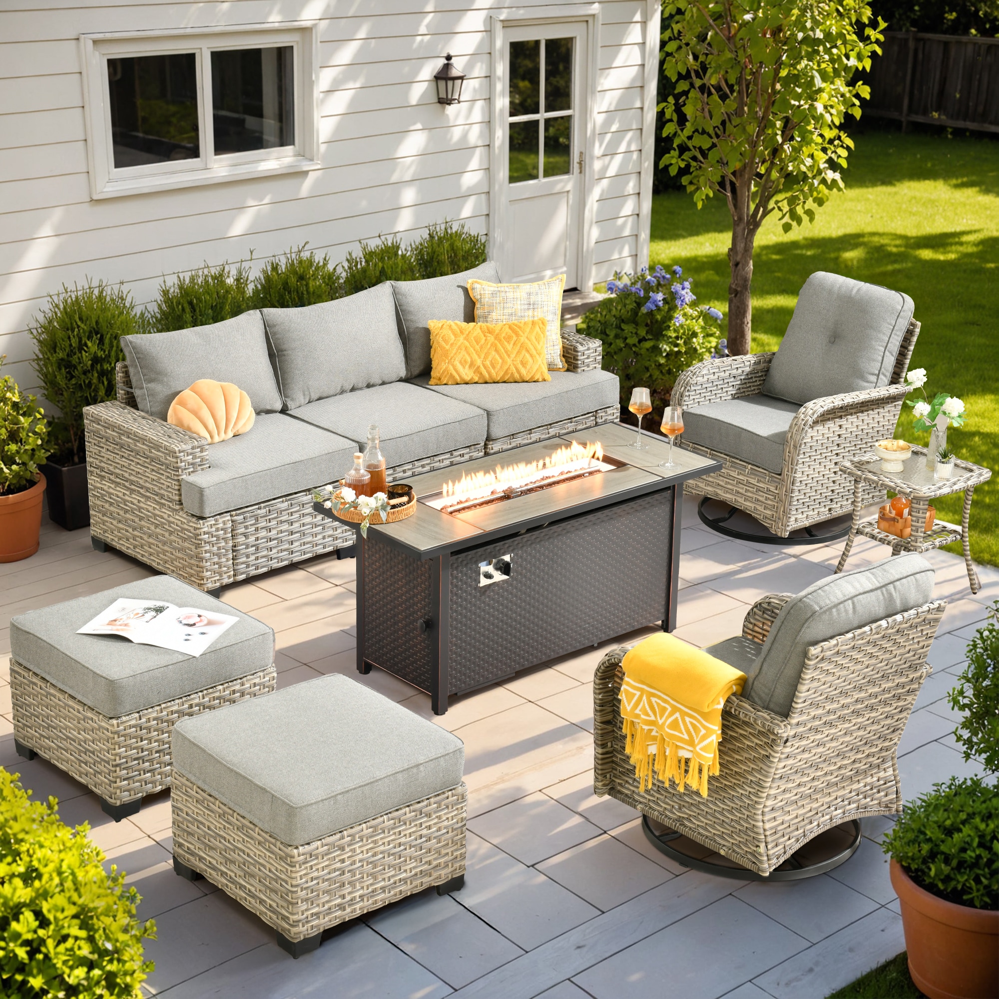 Ovios RFP5TS208YV 9 -Piece Wicker Patio Sofa Conversation Set with Dark Gray Cushions