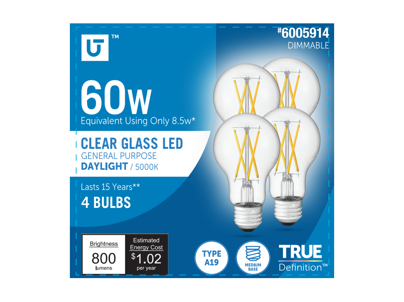 Utilitech 5A19DG8.5WCL50K4P 60 -Watt EQ A19 Daylight E26 Dimmable LED General purpose Light Bulb 4 -Pack