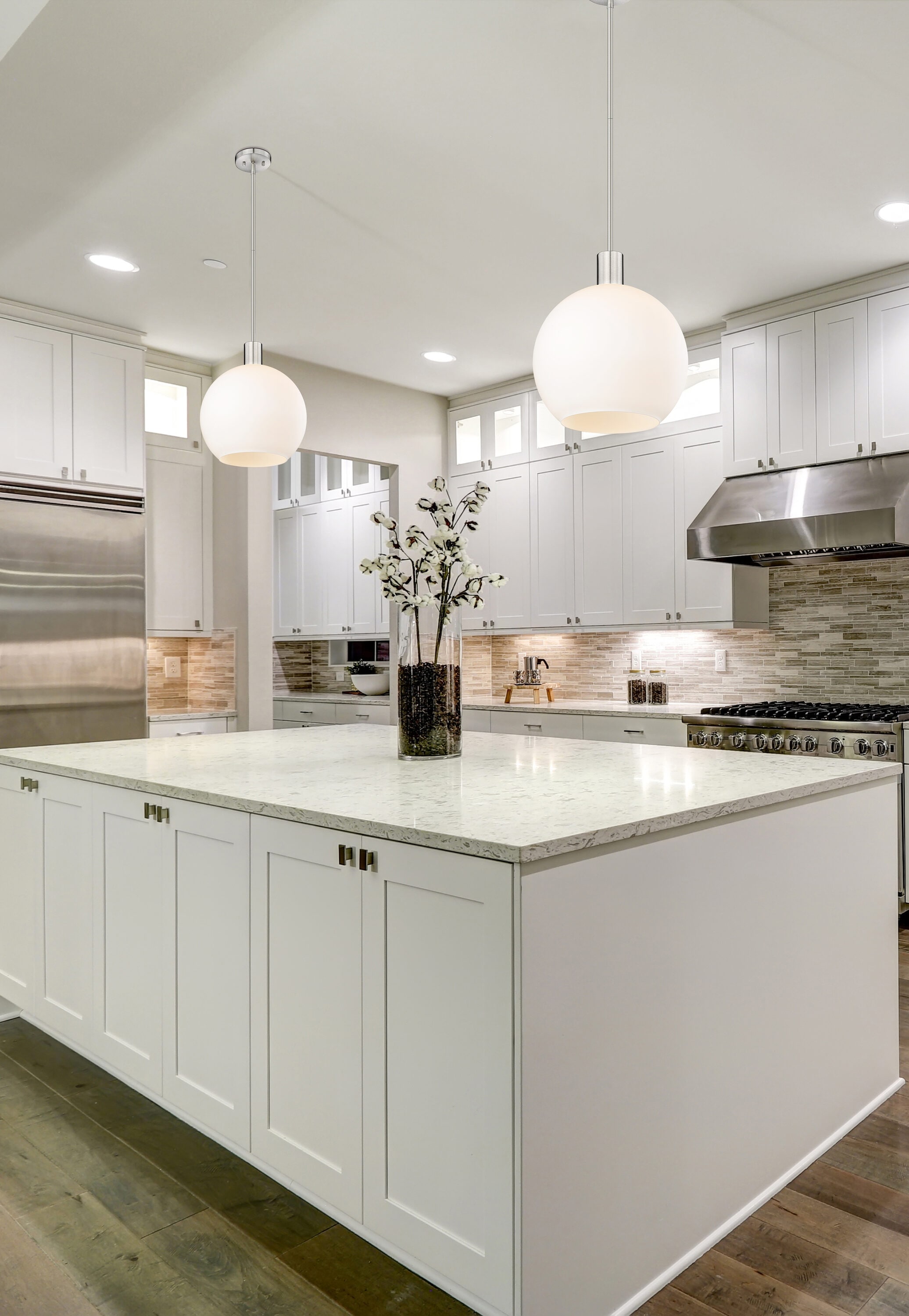 Brushed Nickel Globe Pendant with White Glass Shade