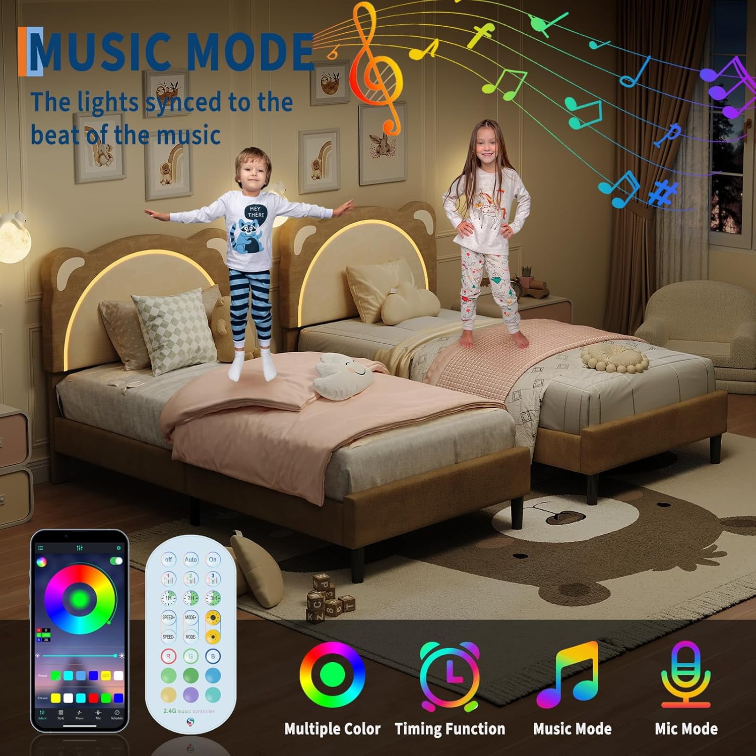 GAOMON Twin Upholstered Platform Bed Frame Adjustable LED Headboard ...