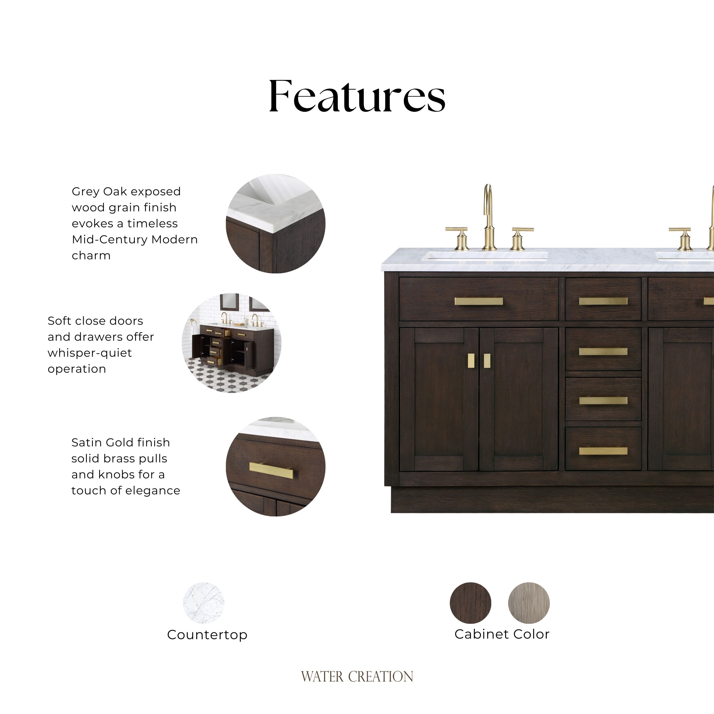Chestnut 60" Brown Oak Double Bathroom Vanity with Gold Accents