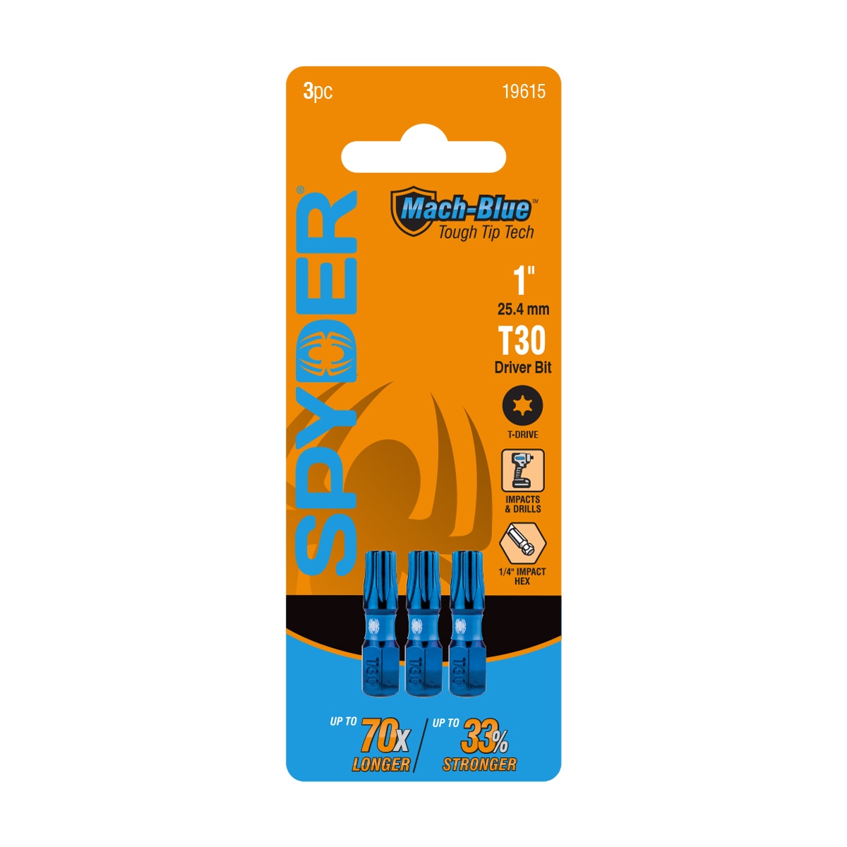 Spyder 19615 Mach-Blue 1/4-in x 1-in Torx Impact Driver Bit 3 -Piece