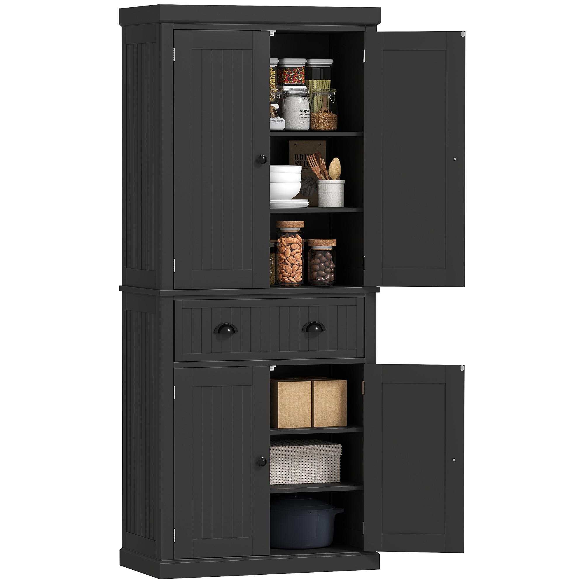 HomCom 72In Traditional Kitchen Pantry Cabinet Freestanding Tall Storage Cabinet with 4 Doors Drawer and 3 Adjustable Shelves for Dining Room Black #835-042V84BK