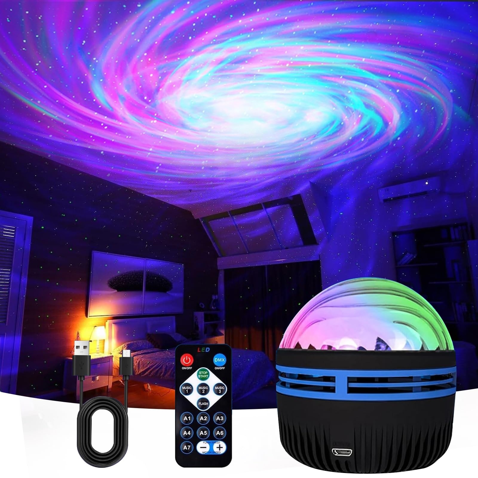 Vrbgify Galaxy Projector Black Hole Night Light with Remote Control for Bedroom Party and Kids Room 7 Lighting Effects 3 Speed Settings #L05VG09076