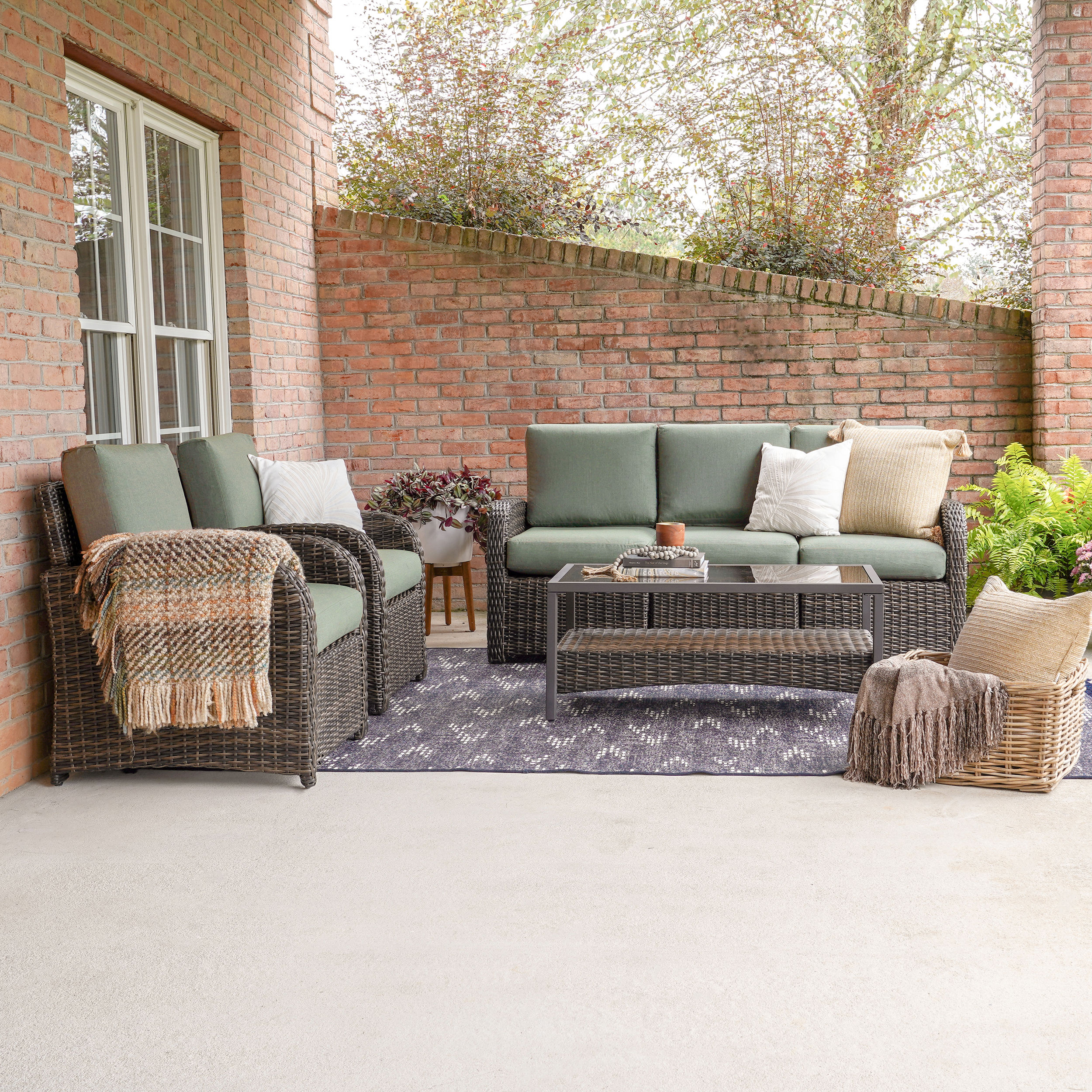 Leisure Made 673886-SAG Jackson 6 -Piece Wicker Patio Sofa Conversation Set with Green Sunbrella Cushions
