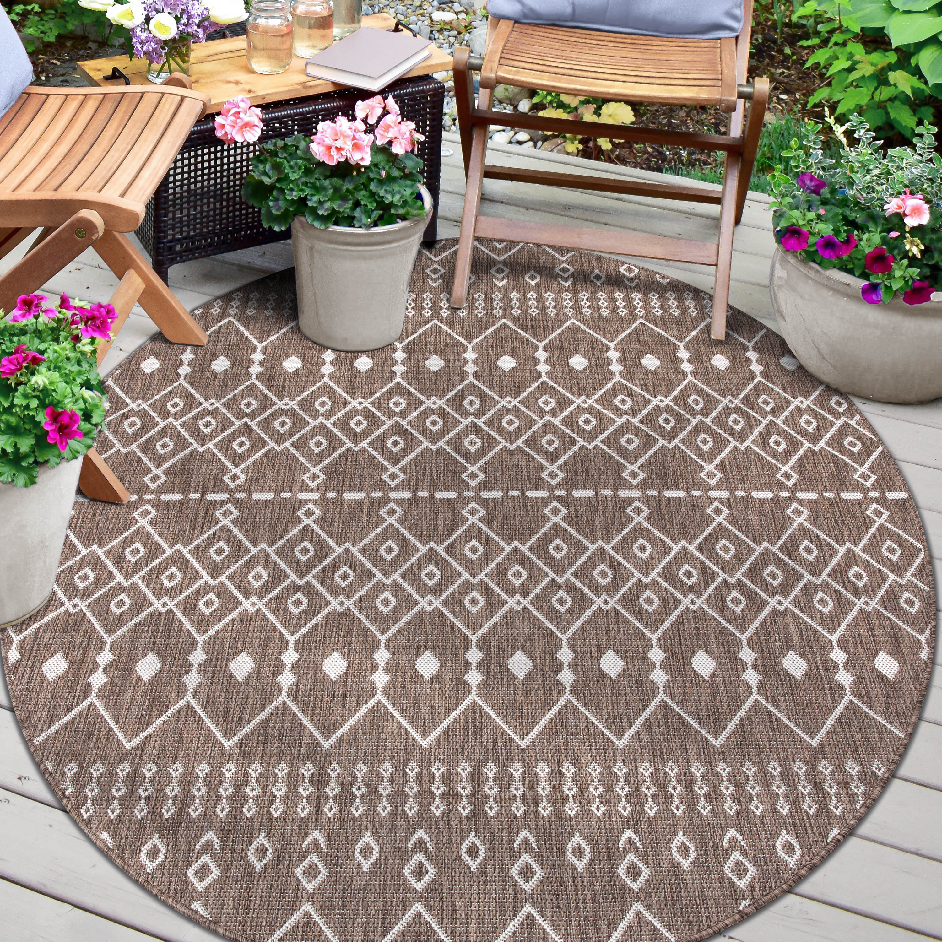 Well Woven MED-158-0 5 x 5 (ft) Flatweave Polypropylene Brown/Taupe Round Indoor/Outdoor Trellis Moroccan Area rug