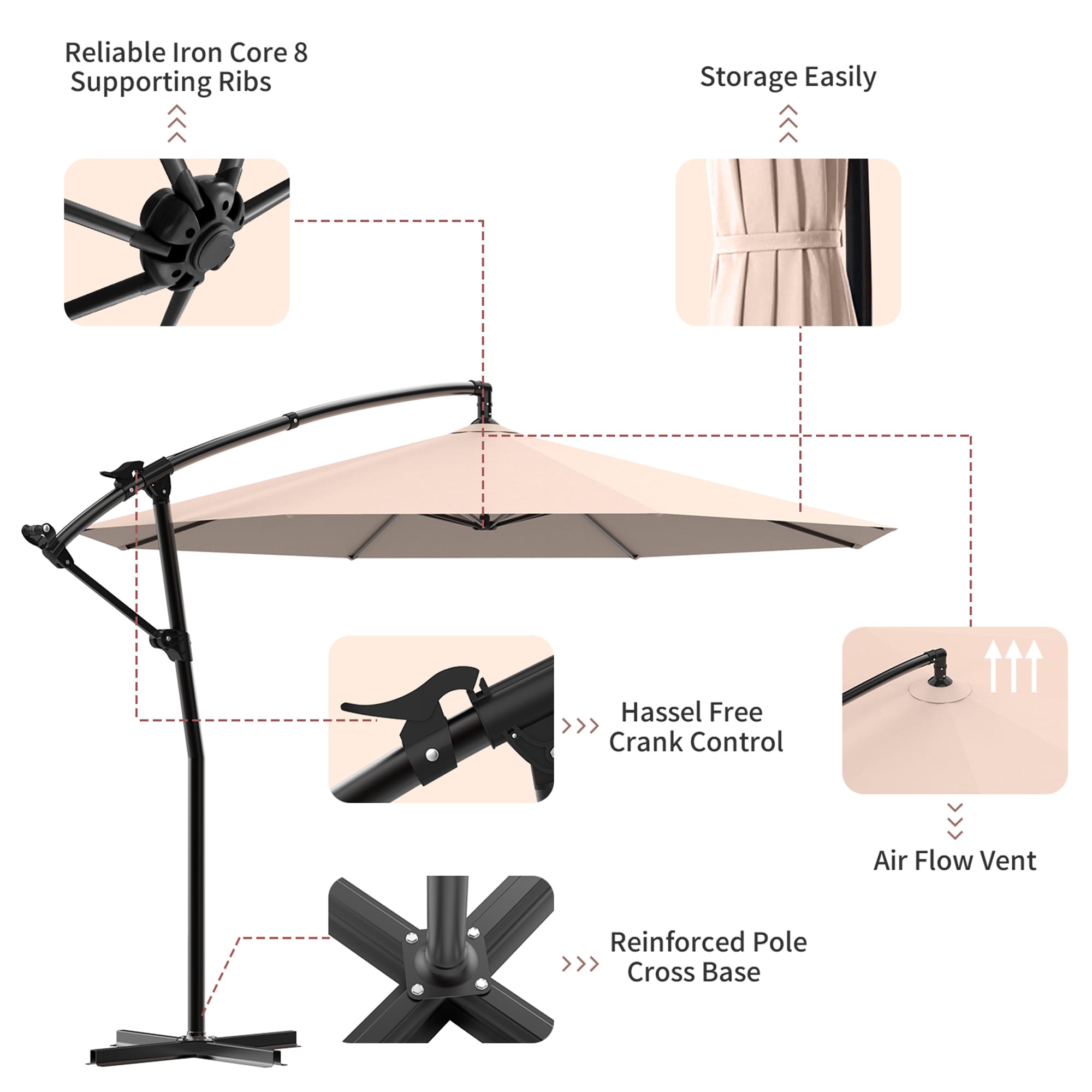 Clihome 10 ft Khaki Square Cantilever Patio Umbrella with Crank Opening ...