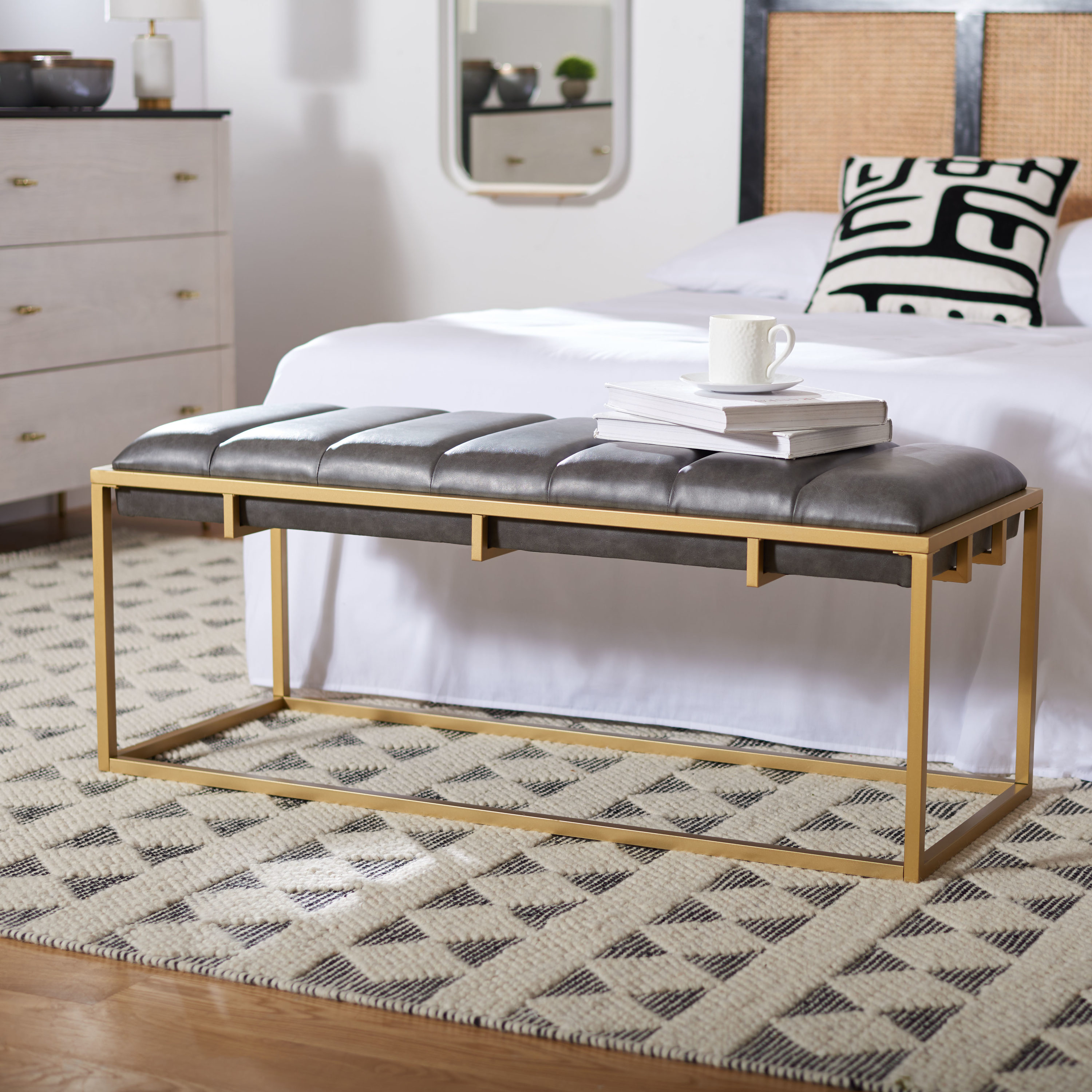 Safavieh Thalam Modern Gray Pu/Gold Accent Bench 48-in x 18-in x 19-in ...