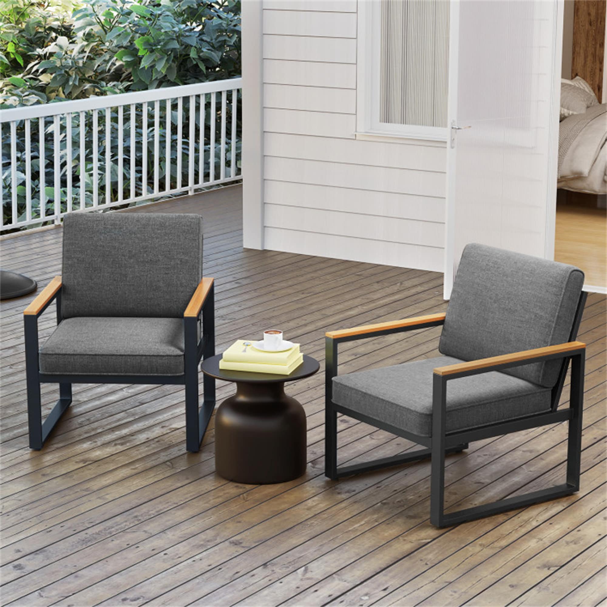 BABOOM BOM-997GR-1-CO Patio Aluminum Sofa Modern Armchairs Set of 2 for Balcony Set of 2 gray Aluminum Frame Stationary Balcony Chair with Gray Cushioned Seat