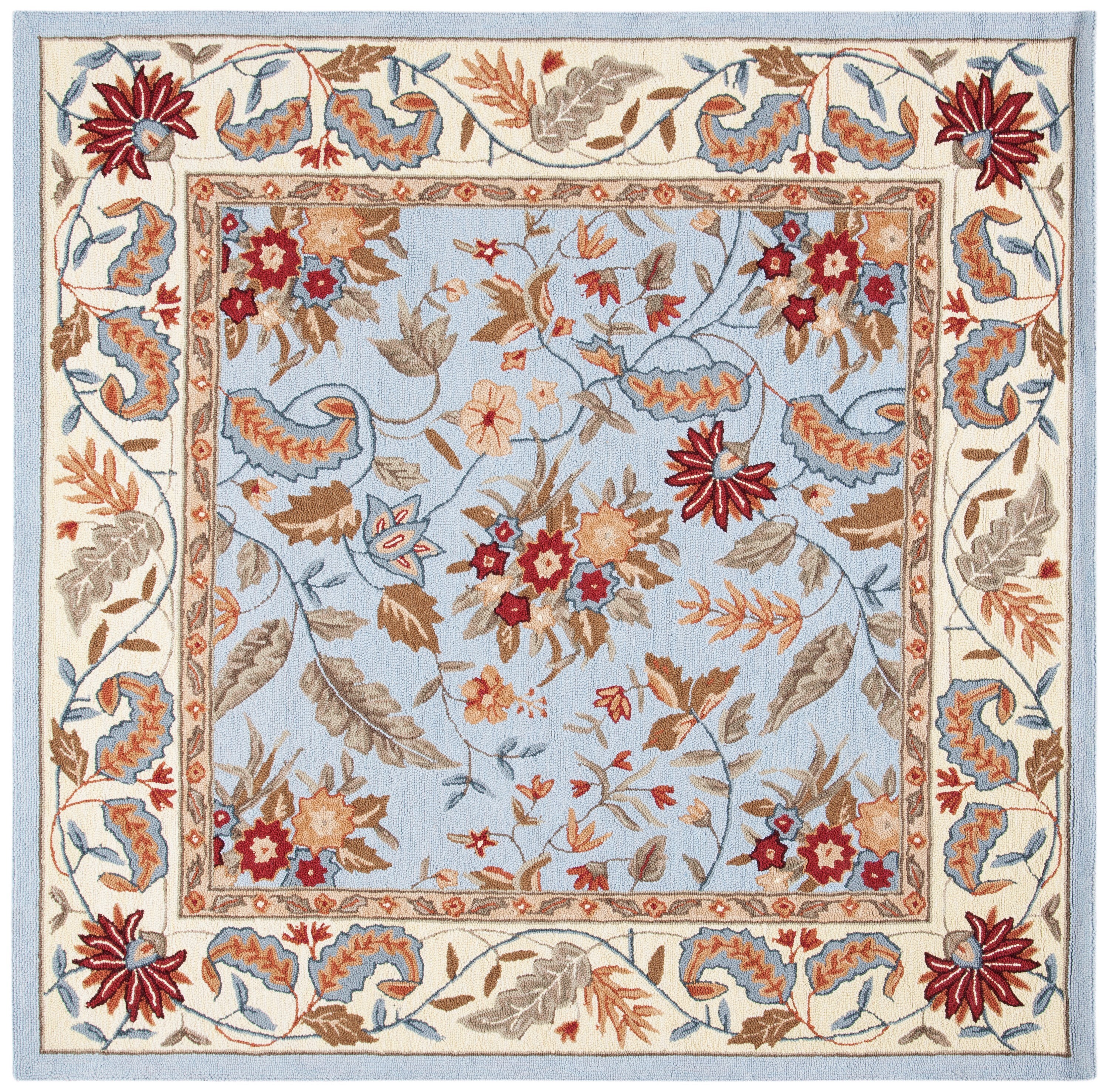 Light Blue Floral Handmade Wool Square Rug, 8' x 8'