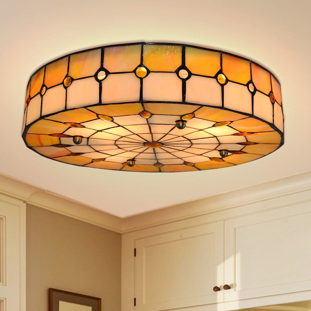 EFPERFECT DS-BS09 16 Inch Tiffany Style 3 Light Vintage Stained Glass Flush Mount Ceiling Lamp