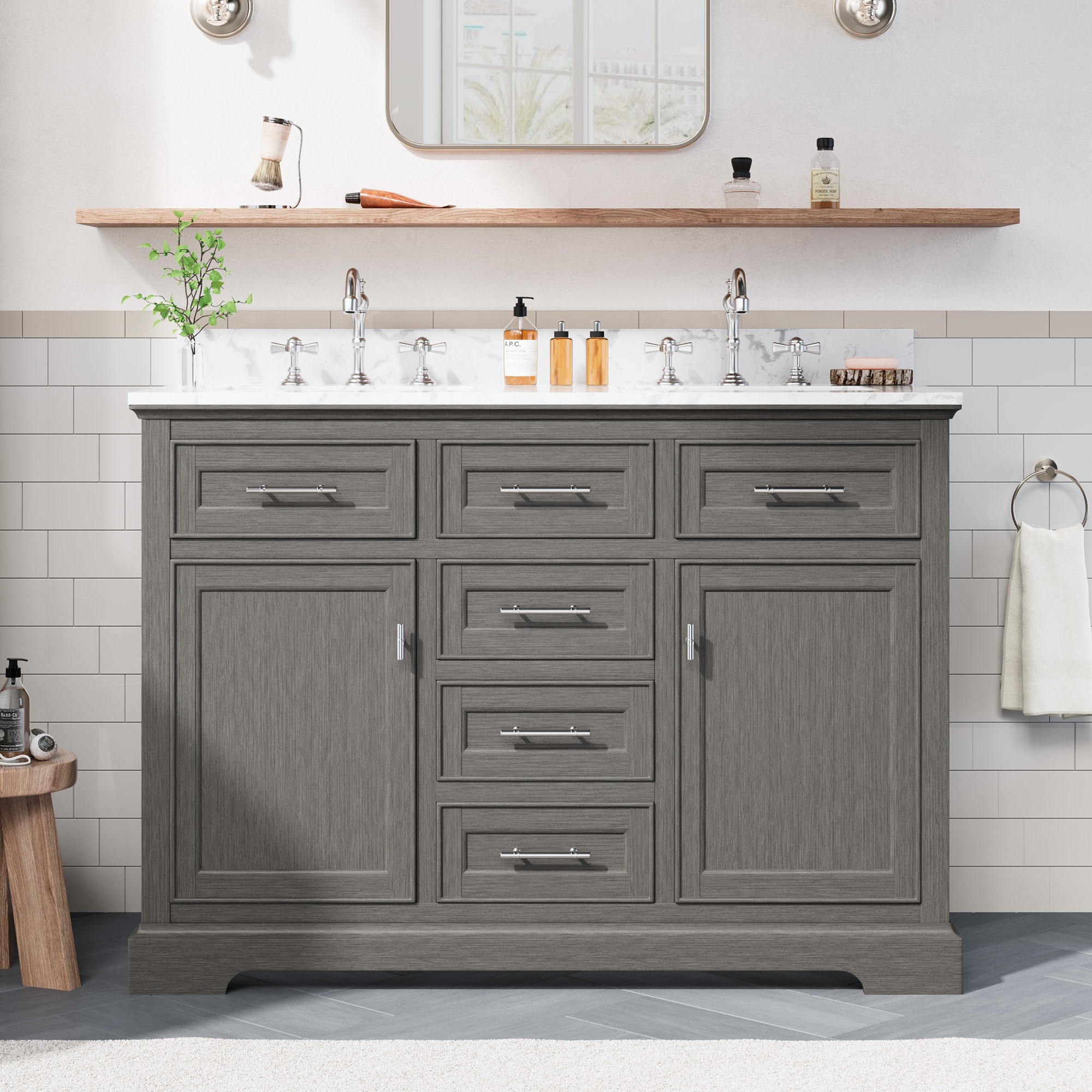 VOUA SAF-DSRCJ-GY1 48-in Gray Double sink Bathroom Vanity with White Ceramic Top