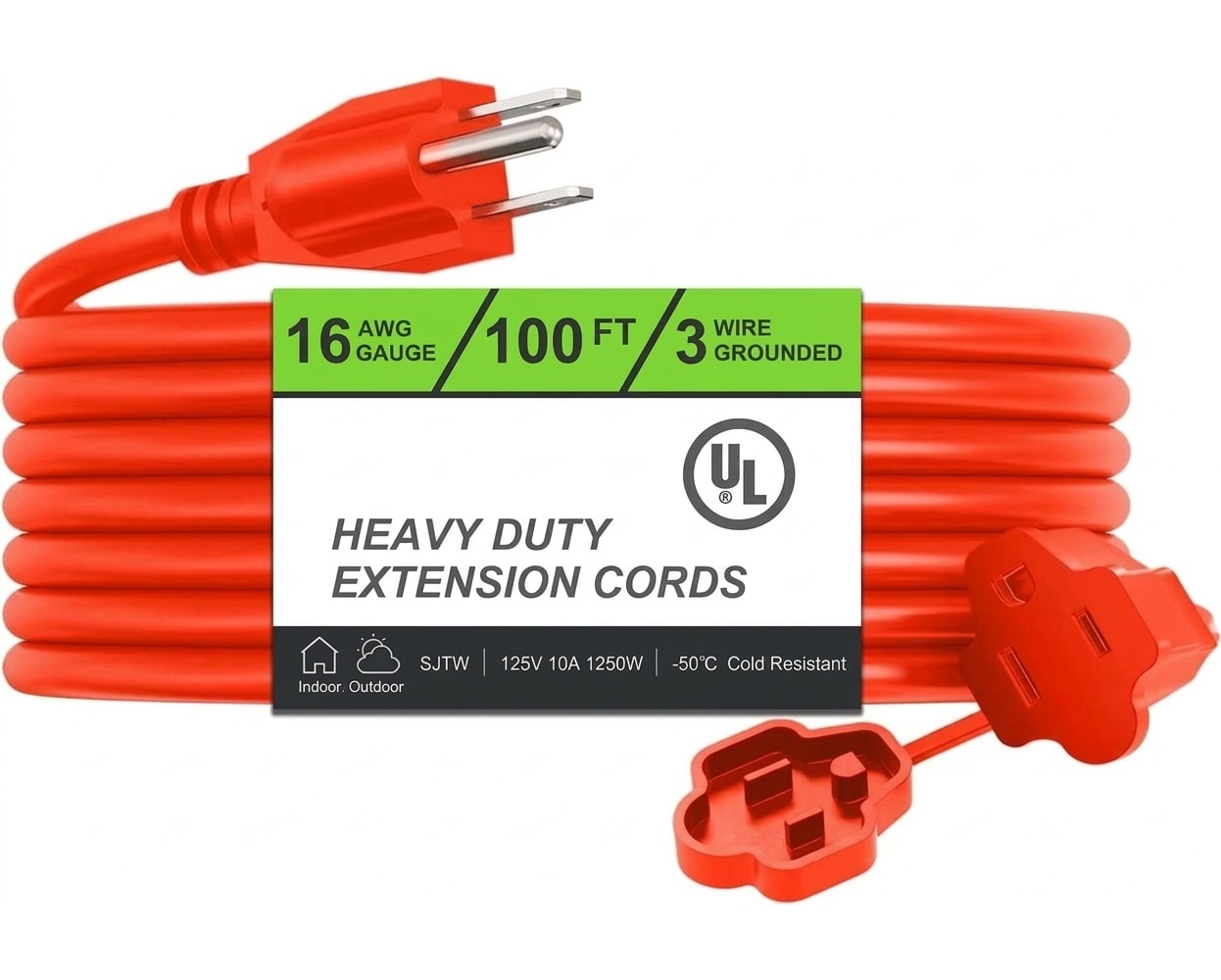Vrbgify  100 ft Outdoor Extension Cord 16 AWG SJTW 3 Prong Heavy Duty Flexible Weather and Flame Resistant Orange Power Cord 1 Piece