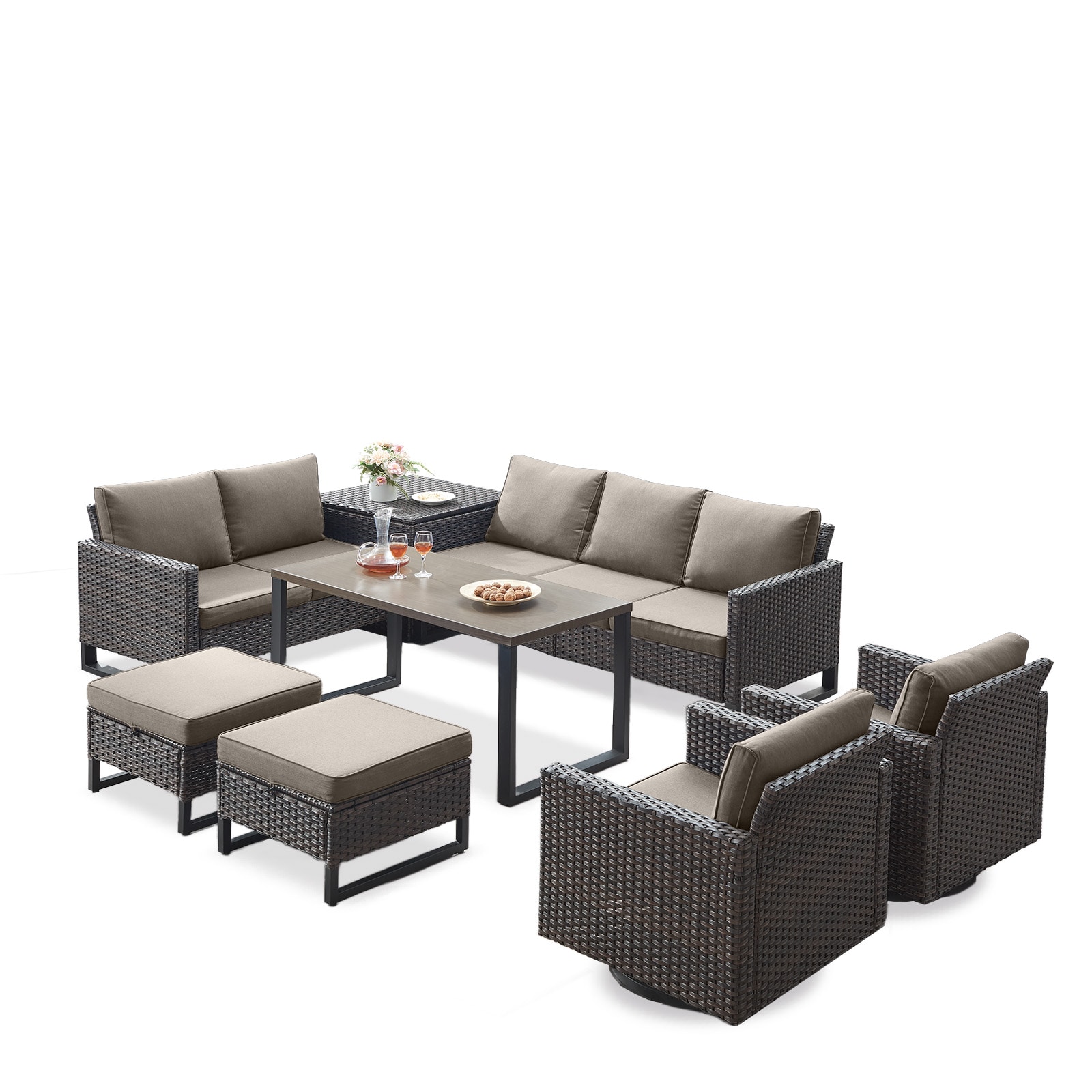 Rilyson FS48150154122192-3 9 -Piece Wicker 2 Patio Sofa Conversation Set with Gray Cushions