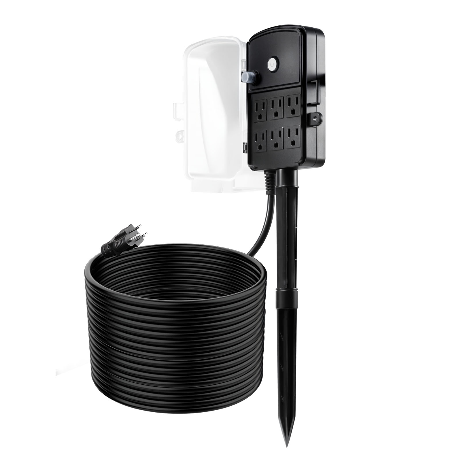 VEVOR Outdoor Power Stake 50 FT Extension Cord Outdoor Power Strip Weatherproof with Cover and Overload Protection 6 Outlets 15A/1875W Waterproof Multi-Outlet Yard Stake for Christmas Lights