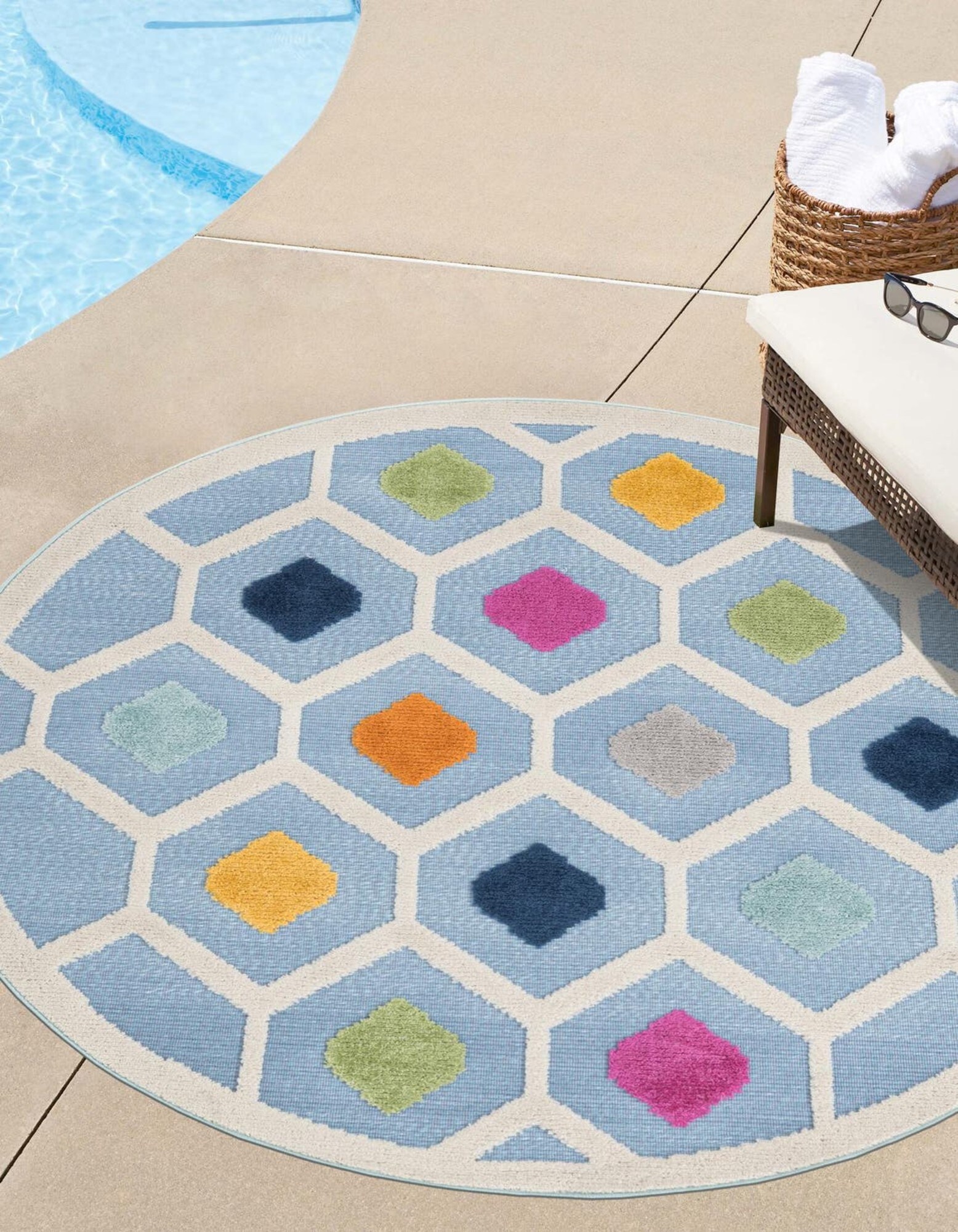 Unique Loom 3171043 Aruba Outdoor 5 x 5 (ft) Loomed Polypropylene Blue Round Indoor/Outdoor Chevron Area rug