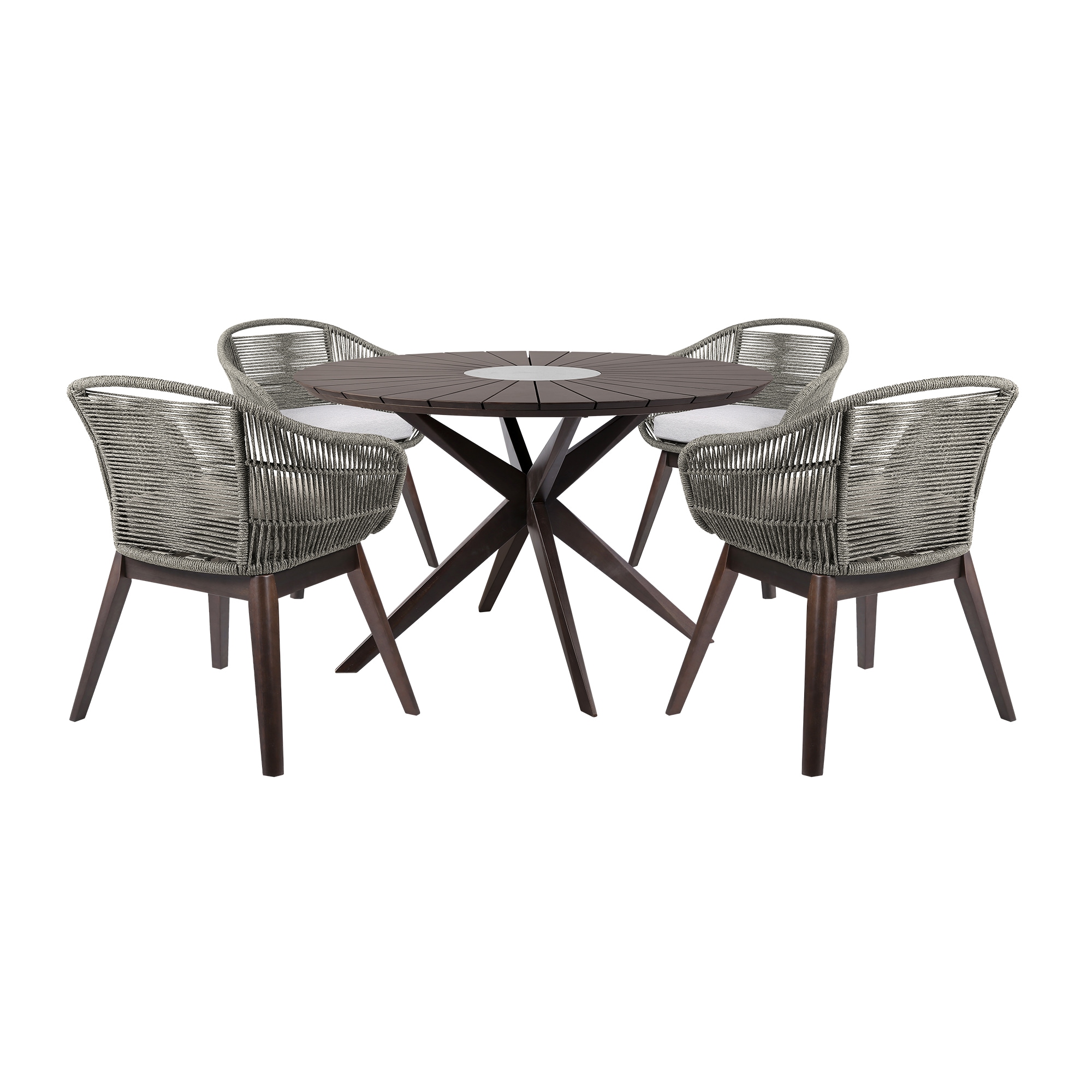 Armen Living SETODOATFGRY 5 -Piece Natural Patio Dining Set Wood Rectangle Table with 4 Gold Cushions Stationary Chairs