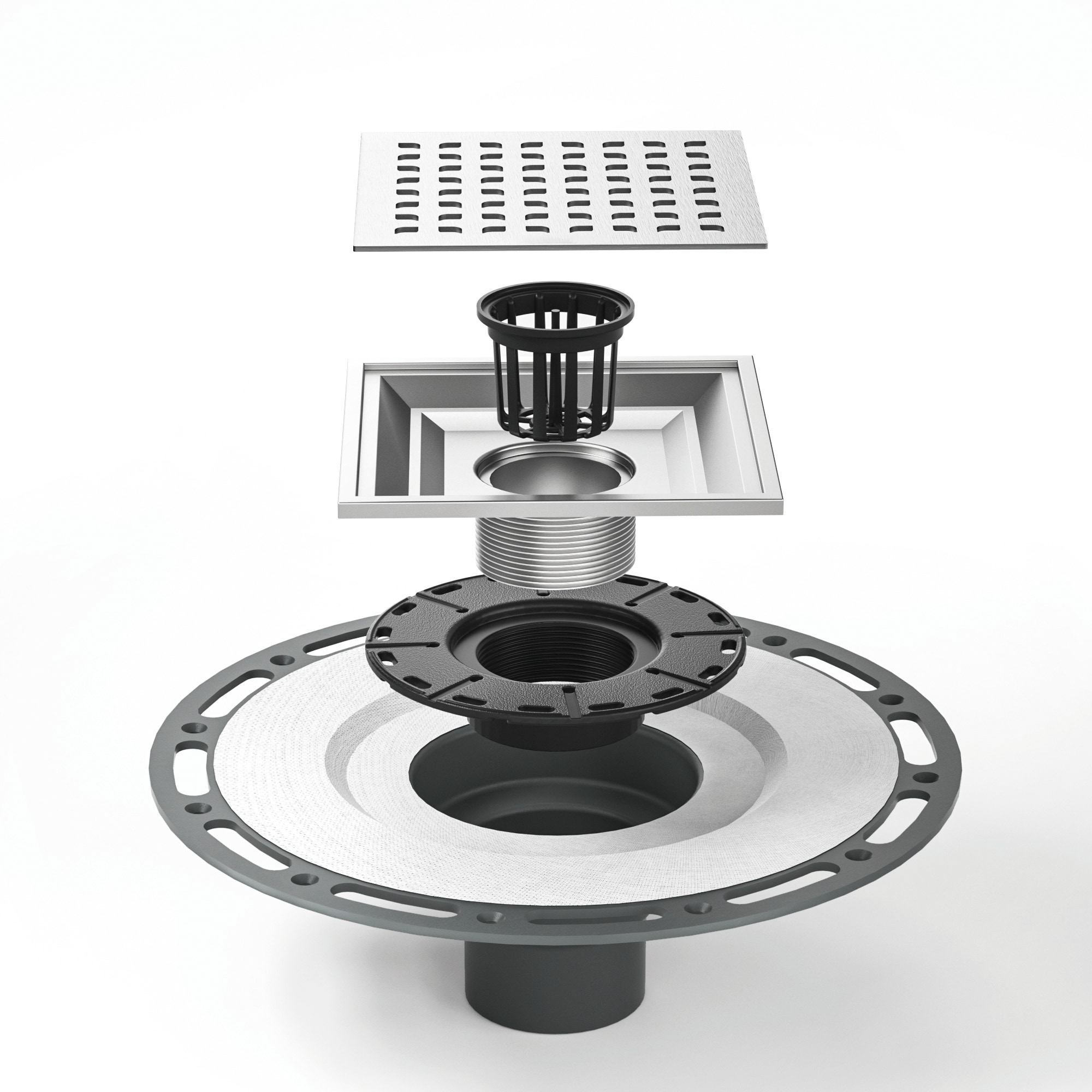 6" Square Brushed Stainless Steel Shower Drain with PVC Flange