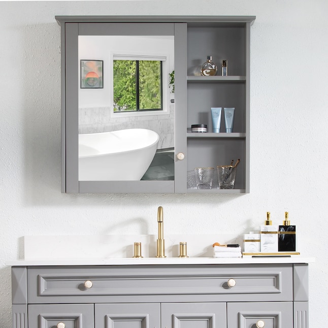 Wellfor Wooden Medicine Cabinet 34 In X 30 Surface Mount Gray Mirrored Soft Close The Cabinets Department At Lowes Com