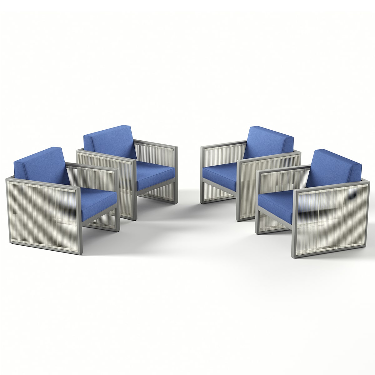 Rilyson FSFHGW11X2-1 Tubu Set of 4 Wicker Off-white Wicker Frame Stationary Conversation Chair with Off-white Blue Cushioned Seat