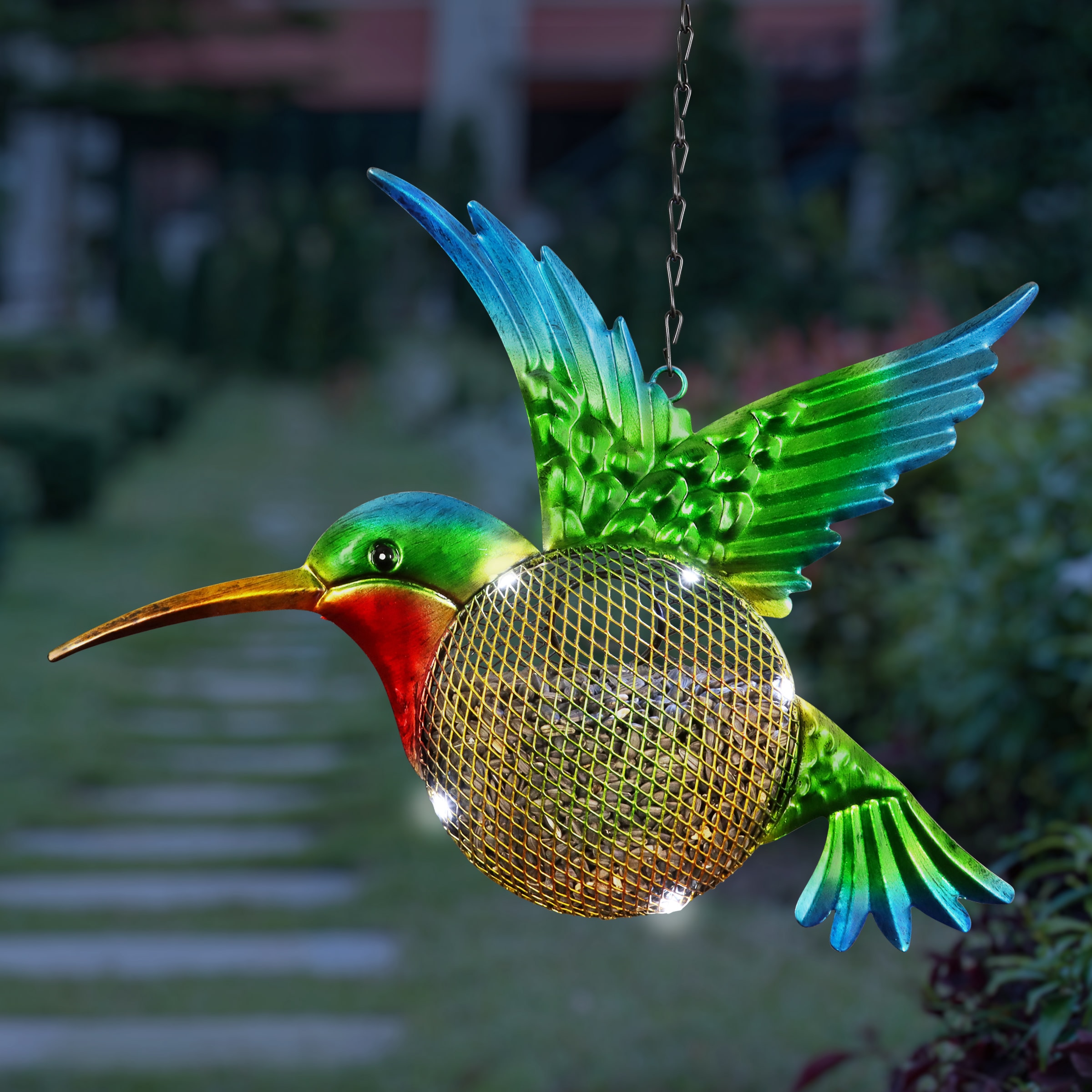 Colorful Metal Hanging Hummingbird Solar Bird Feeder