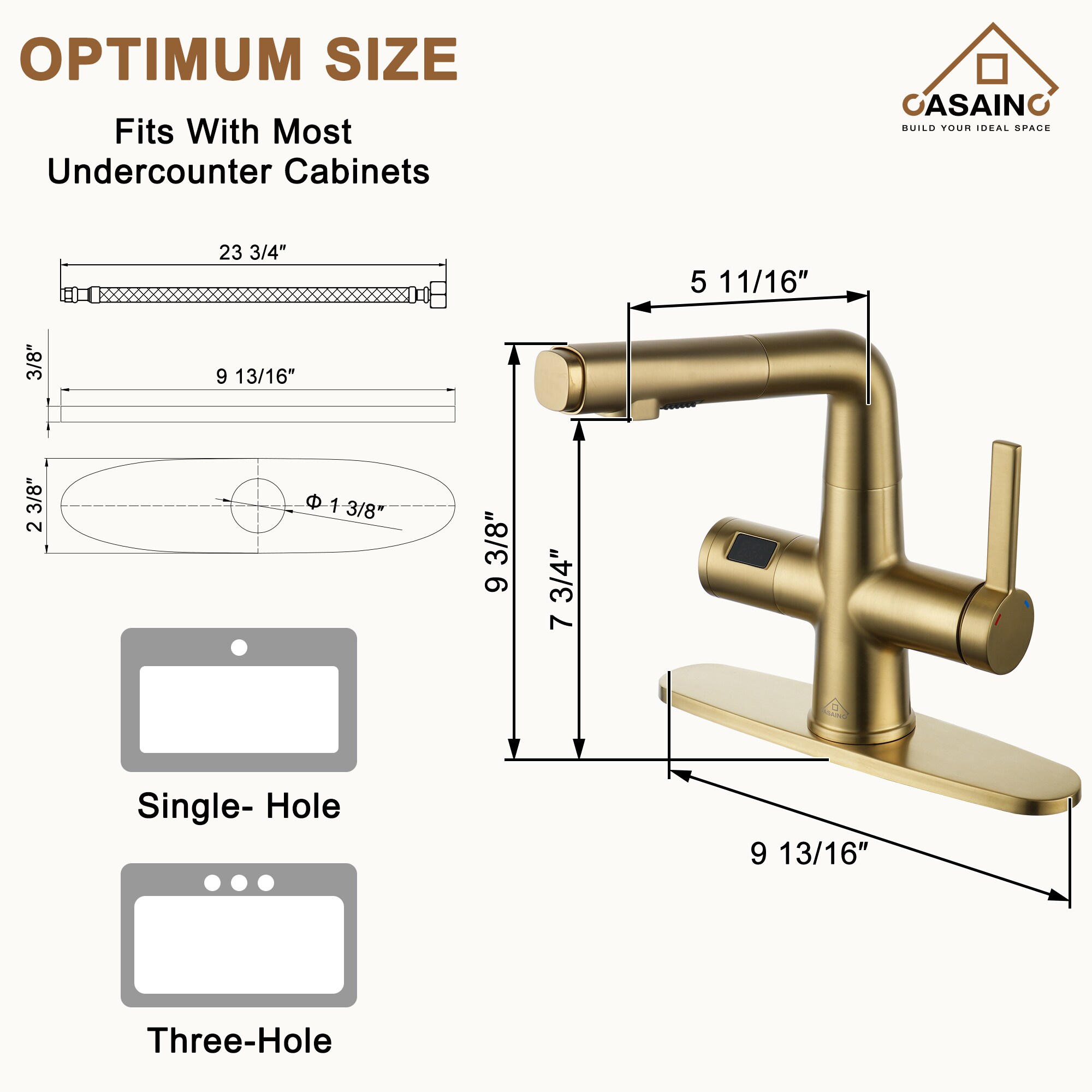 Casainc Brushed Gold Single Hole 1 Handle Pull Down Bathroom Sink Faucet With Deck Plate In The