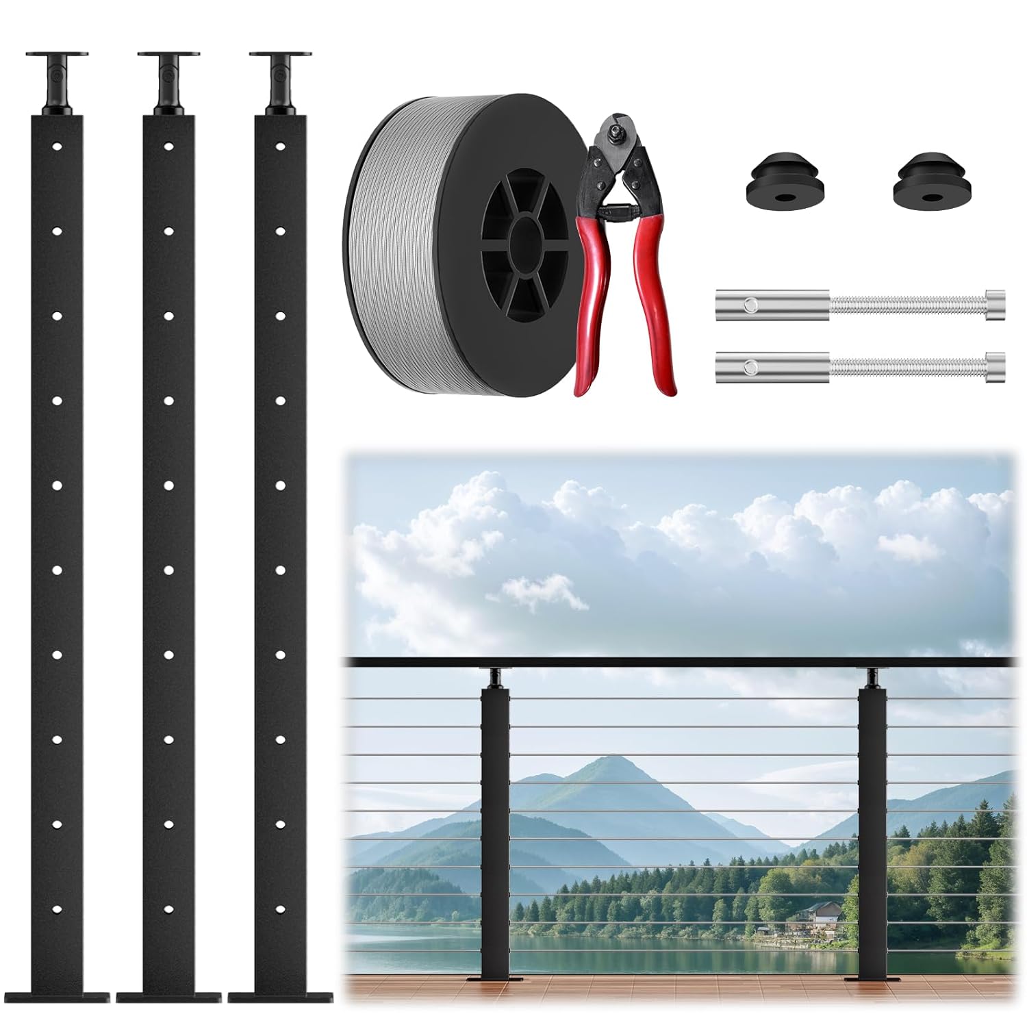 LOVMOR Complete Set Cable Railing Post Kit Include 3 Pack 36 inch Black Posts(No Handrail) #SF-R-3LP-GS