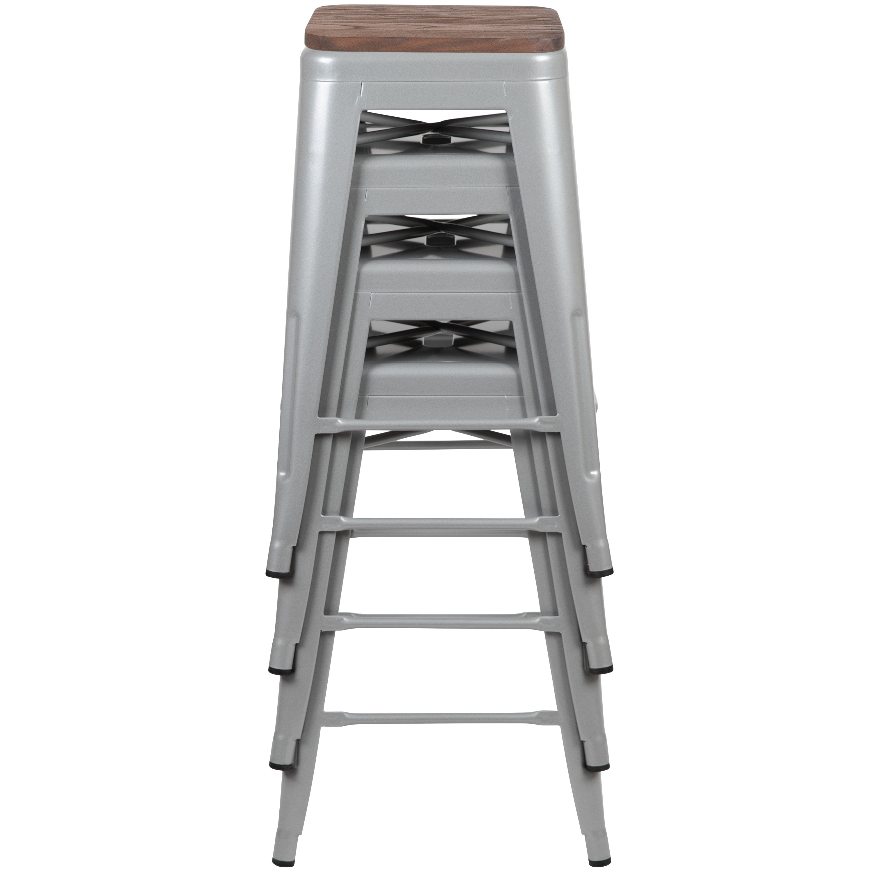 Modern 24" Silver Metal and Wood Stackable Bar Stools - Set of 4