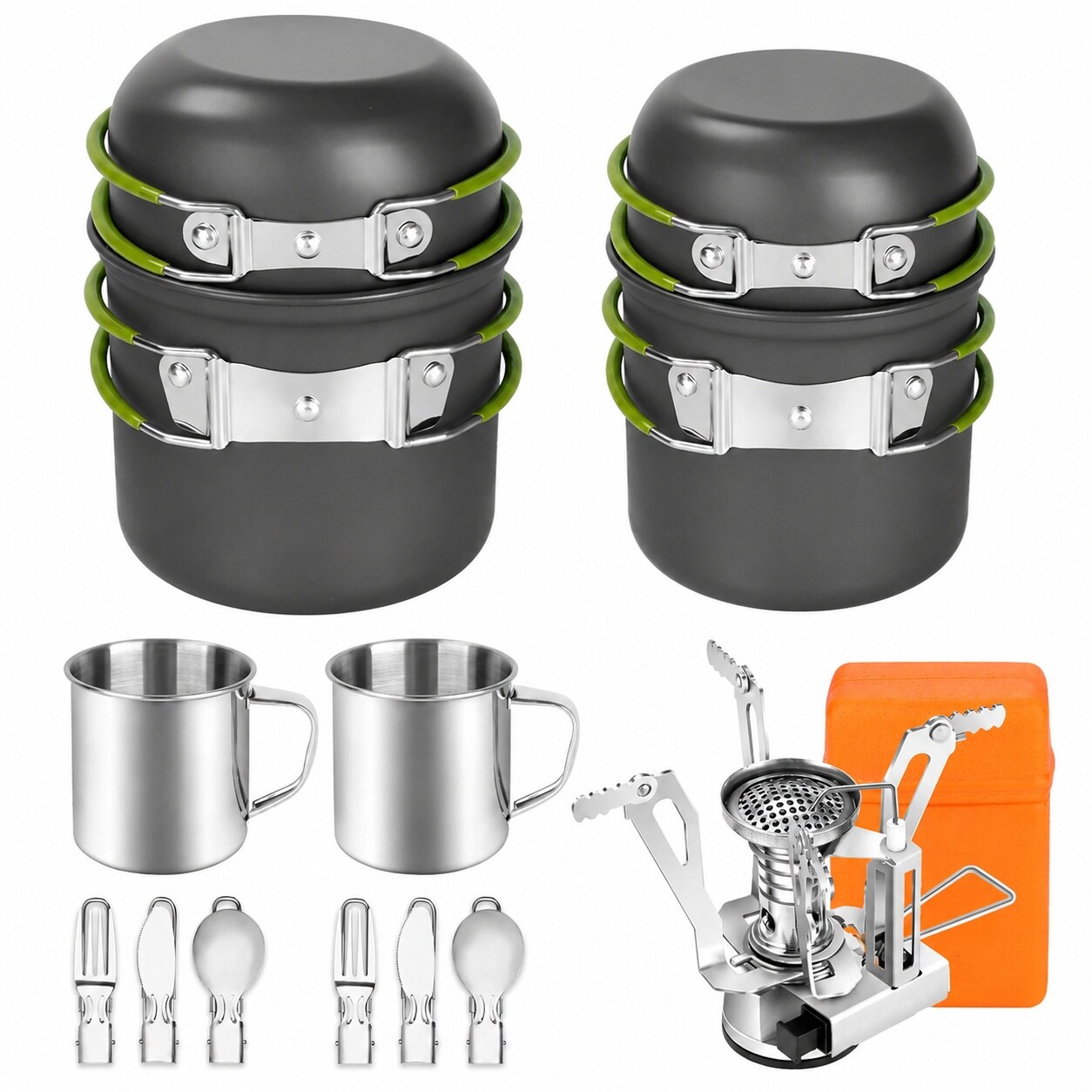 Etokfoks 16 Piece Anodized Aluminum Nonstick Cookware Set in Black Silver Gray for Camping Hiking Backpacking Outdoor Cooking Kit #LET8C12N4