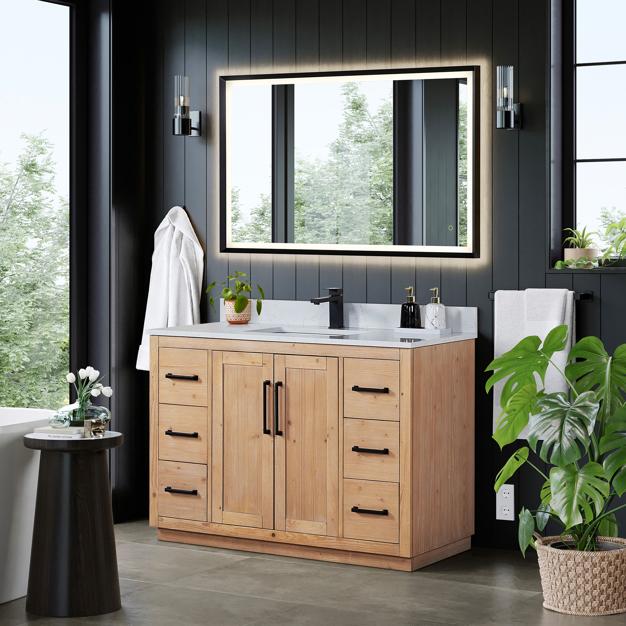 Cicero 48" Light Brown Fir Wood Vanity with White Stone Top and Mirror