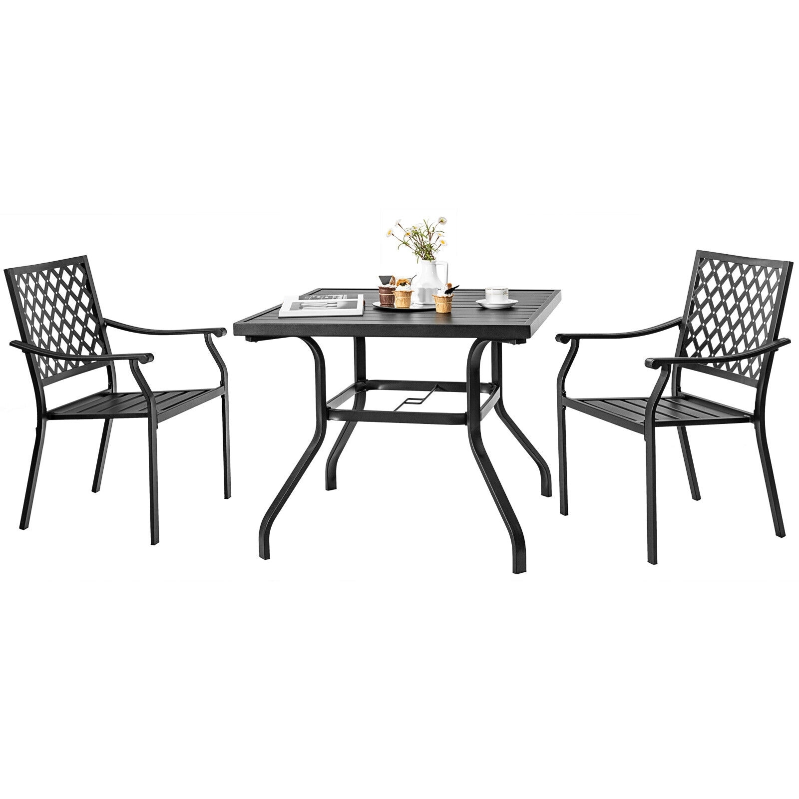 Forclover HYFE-10136 Patio Dining Sets 3 -Piece Black Patio Dining Set Steel Square Table with 2 Stackable Stationary Chairs