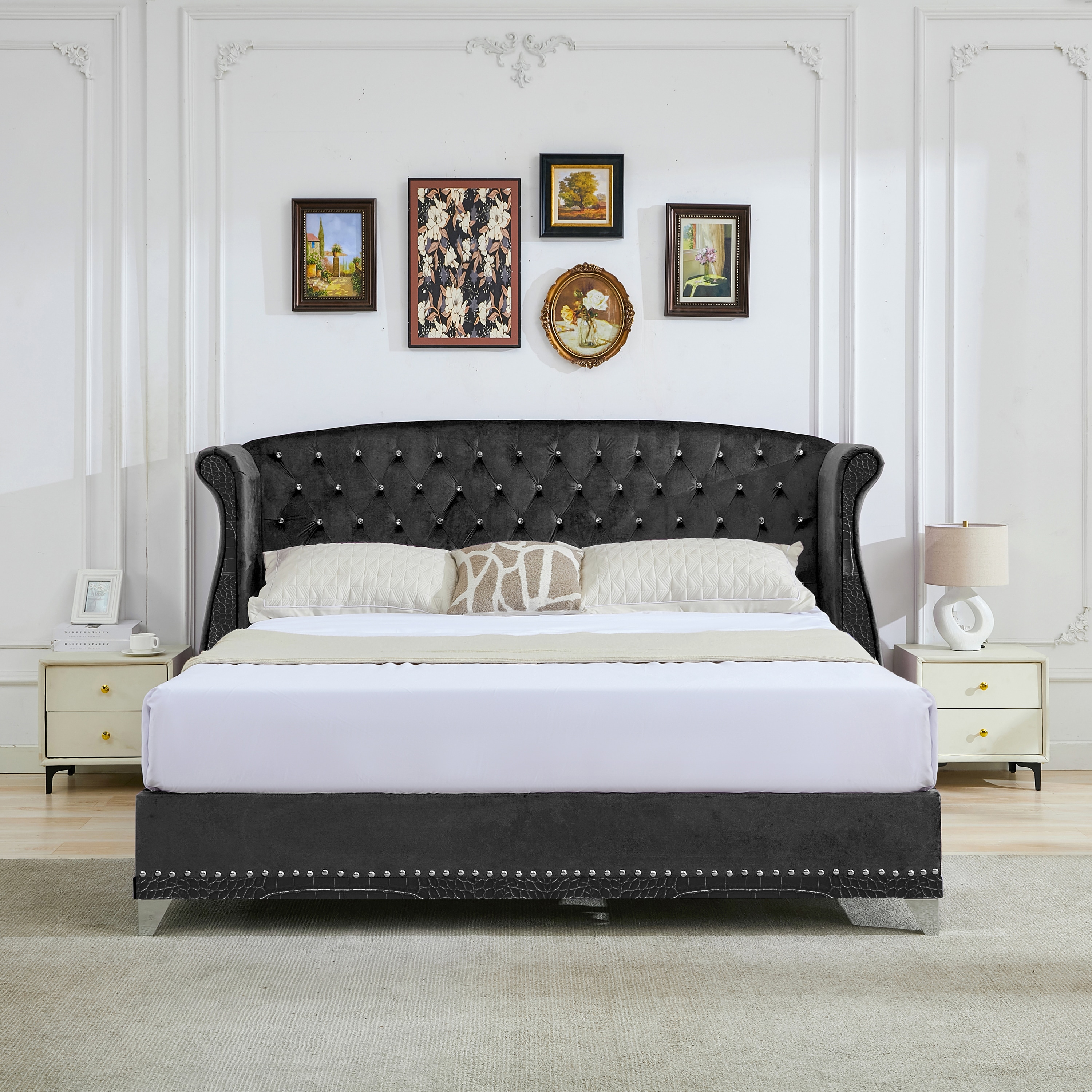 Christopher Knight Home 336962 Elegant Fabric Wingback Button-Tufted Platform Bed Queen Black