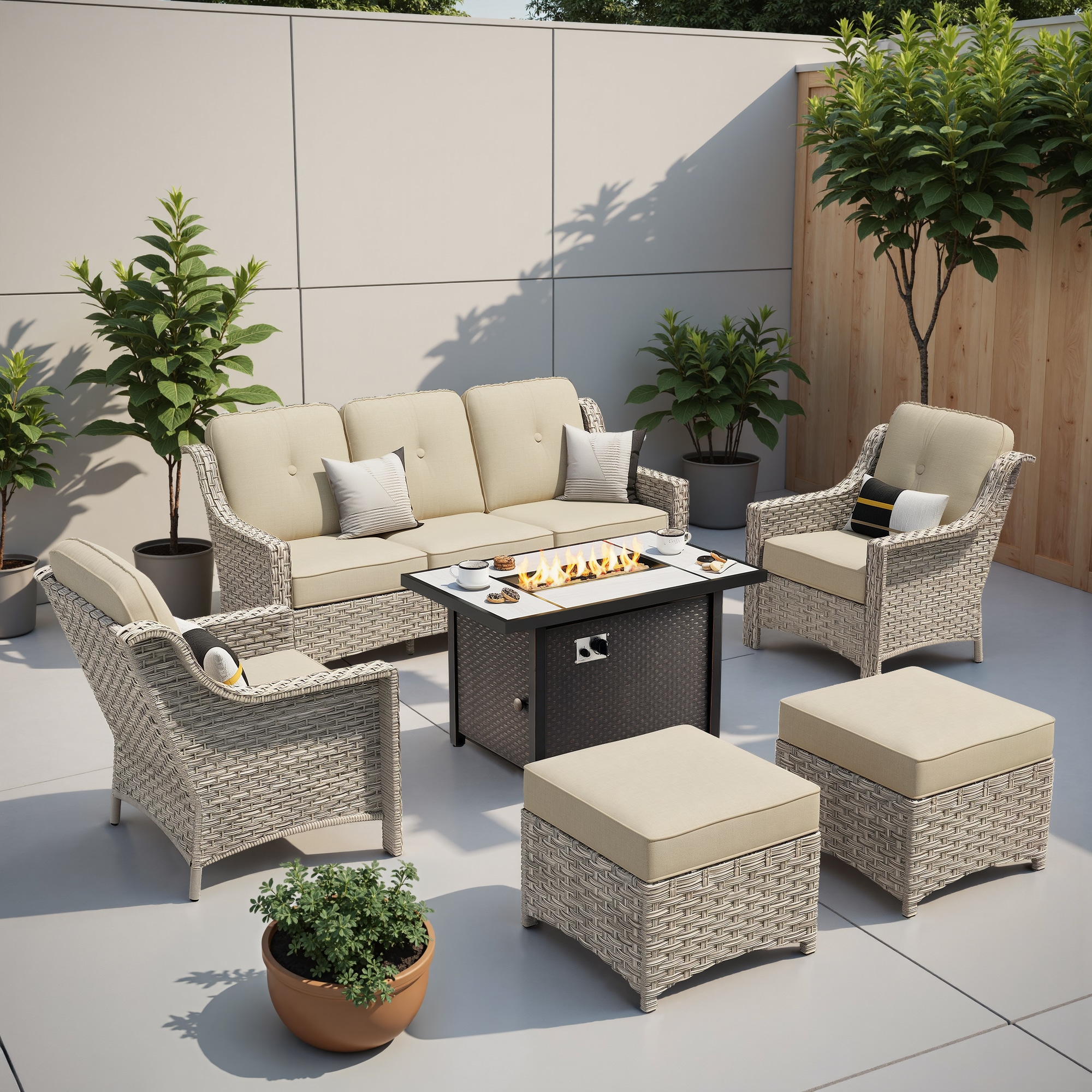 weaxty HMBCFP03-BPAD606 Aireno 6 -Piece Wicker Patio Sofa Conversation Set with Off-white Cushions