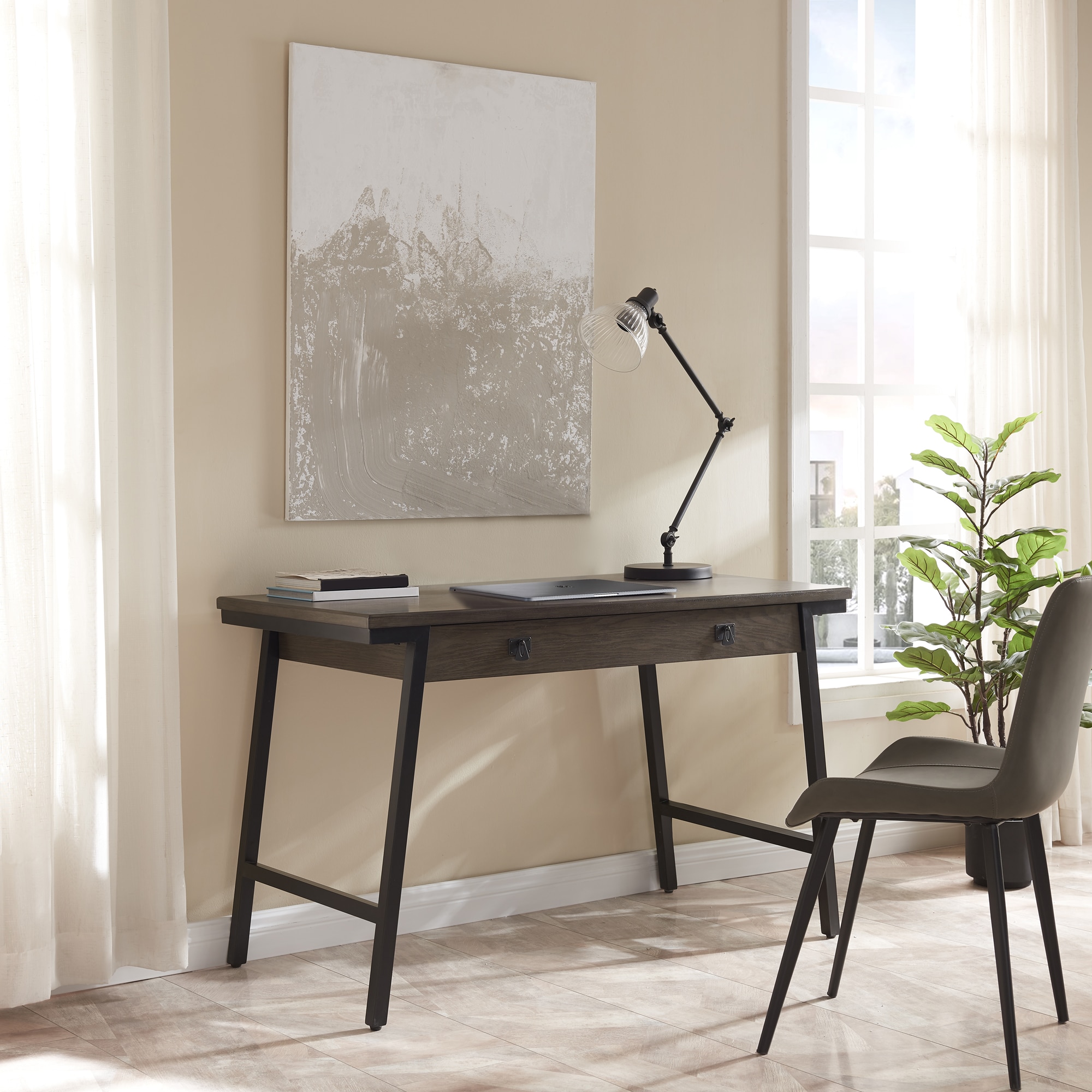 Empiria Medium Gray and Matte Black Poplar Wood Desk with Keyboard Tray