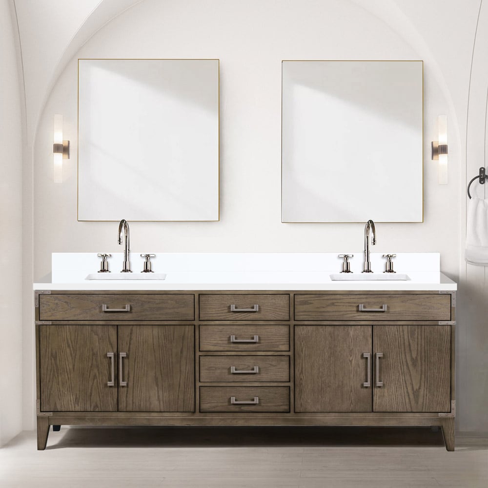 Lexora LVW84DR211 Wilton 84-in Grey Oak Undermount Double Sink Bathroom Vanity with White Quartz Top (Mirror and Faucet Included)