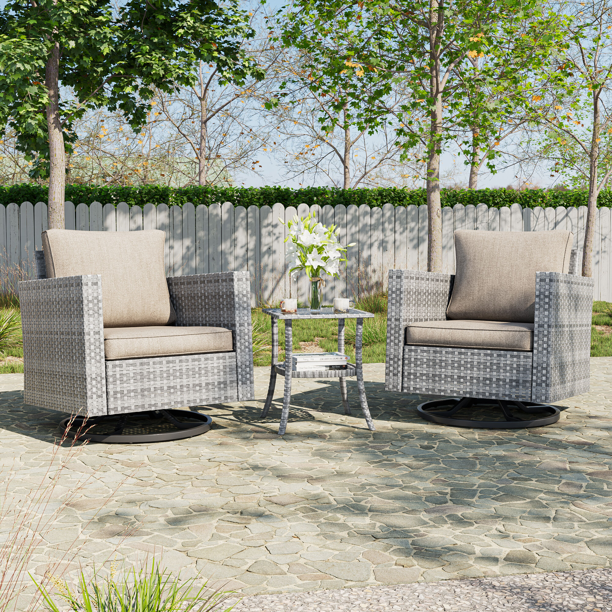 ACEGOSES LW-2RT2-HBG Skytop 3 -Piece Wicker Patio Conversation Set with Cream Cushions