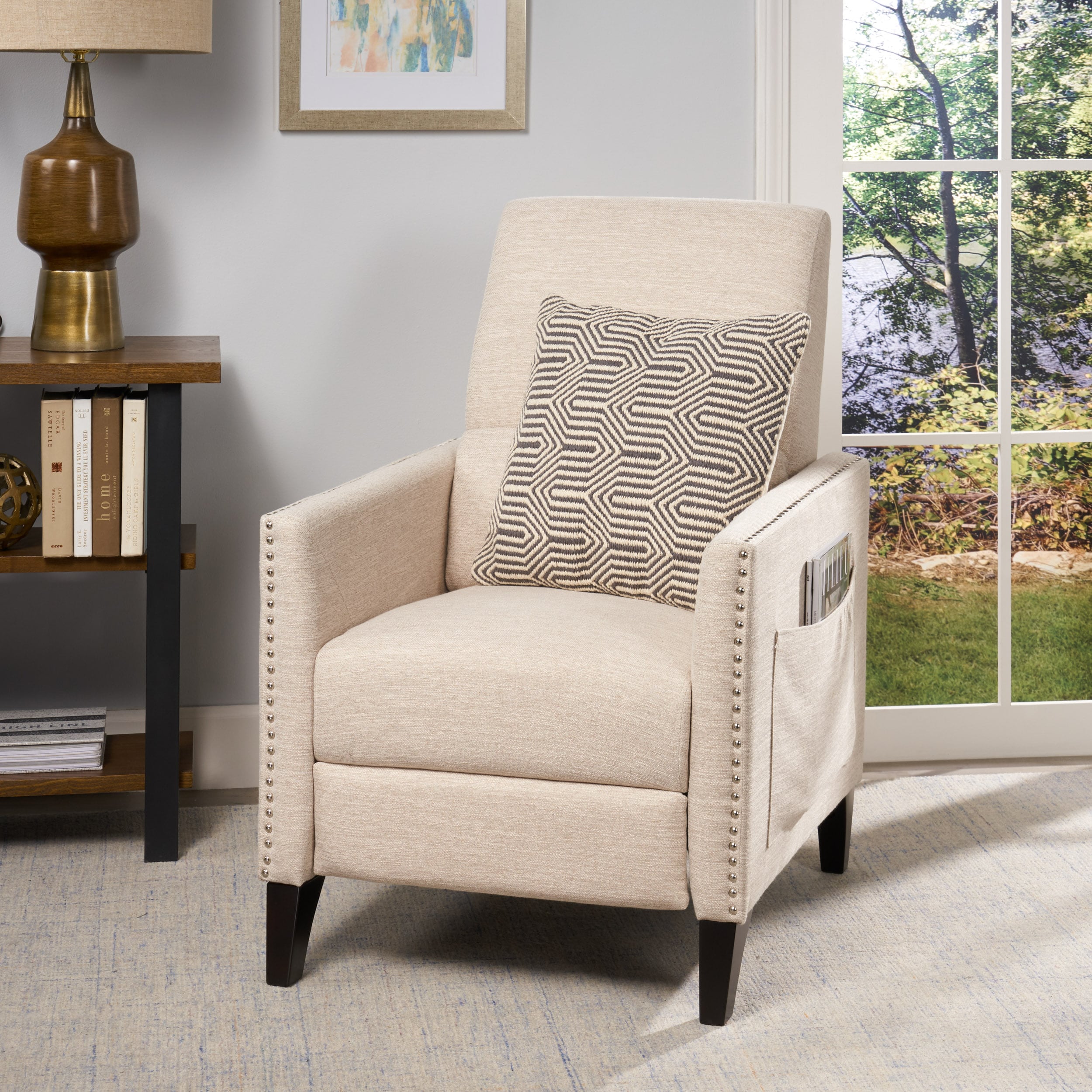 LOVMOR Pushback Recliner Chair Side Pocket Fabric Armchair Rivet Decoration Mid Century Accent Chair