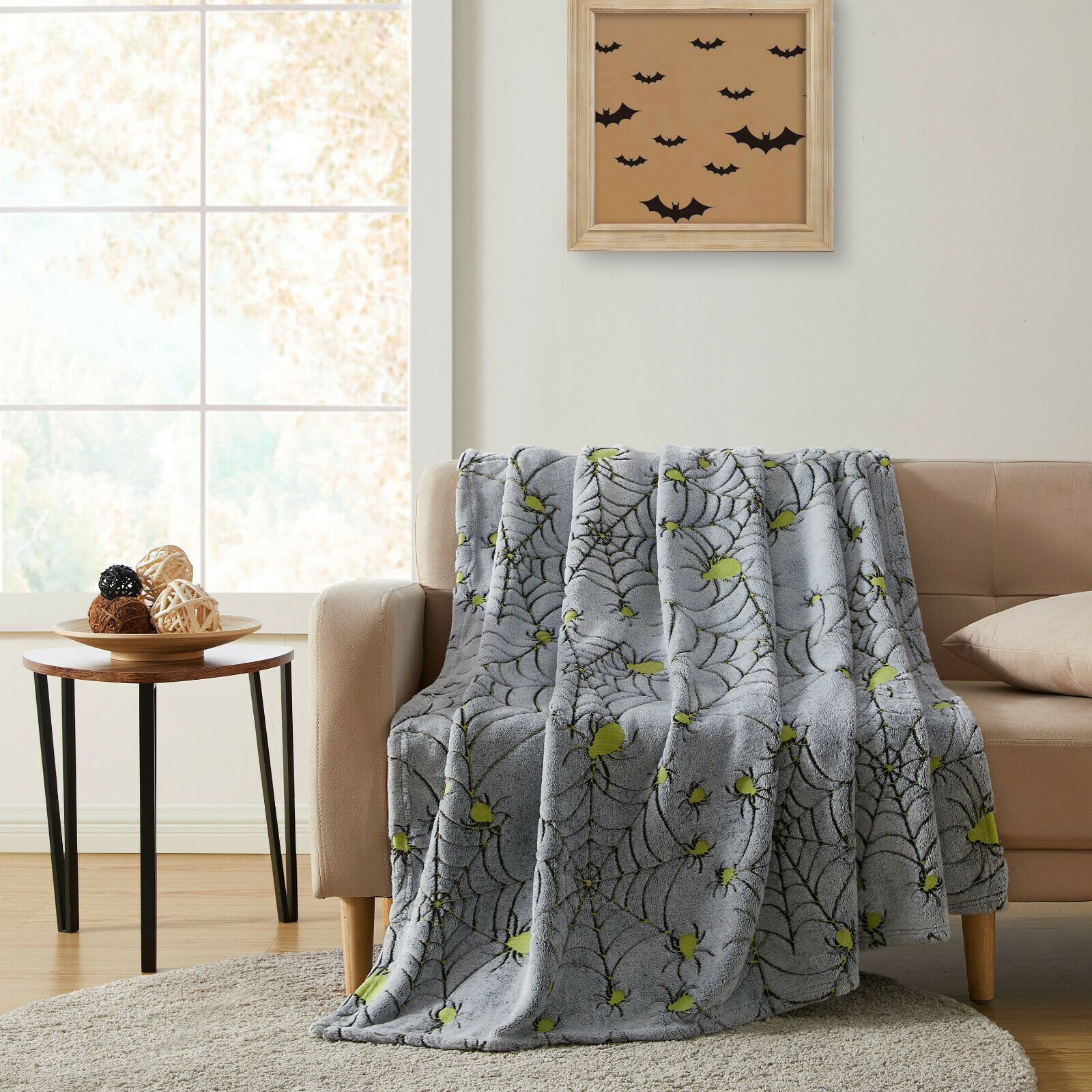 KATE AURORA Halloween Spooky Glow In The Dark Spider Webs Ultra Soft and Plush Oversized Throw Blanket Gray
