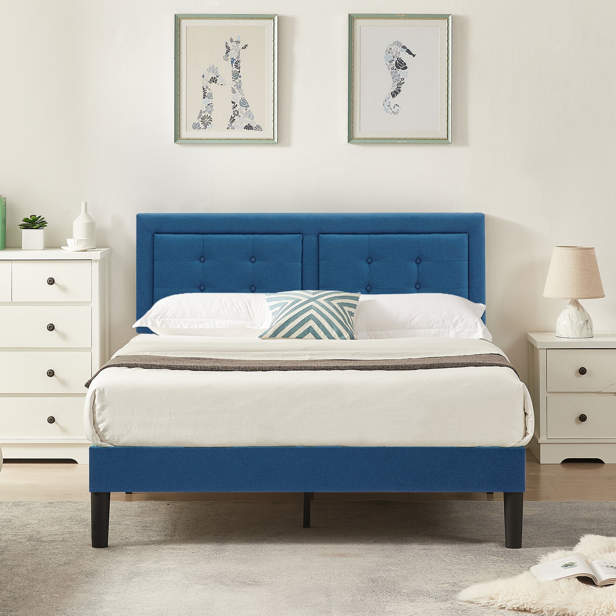 Vecelo LOE-BTJ-RQ01-BLU Queen Size Bed Frame with Adjustable Headboard and Wood Slats Support Velvet Fabric Blue