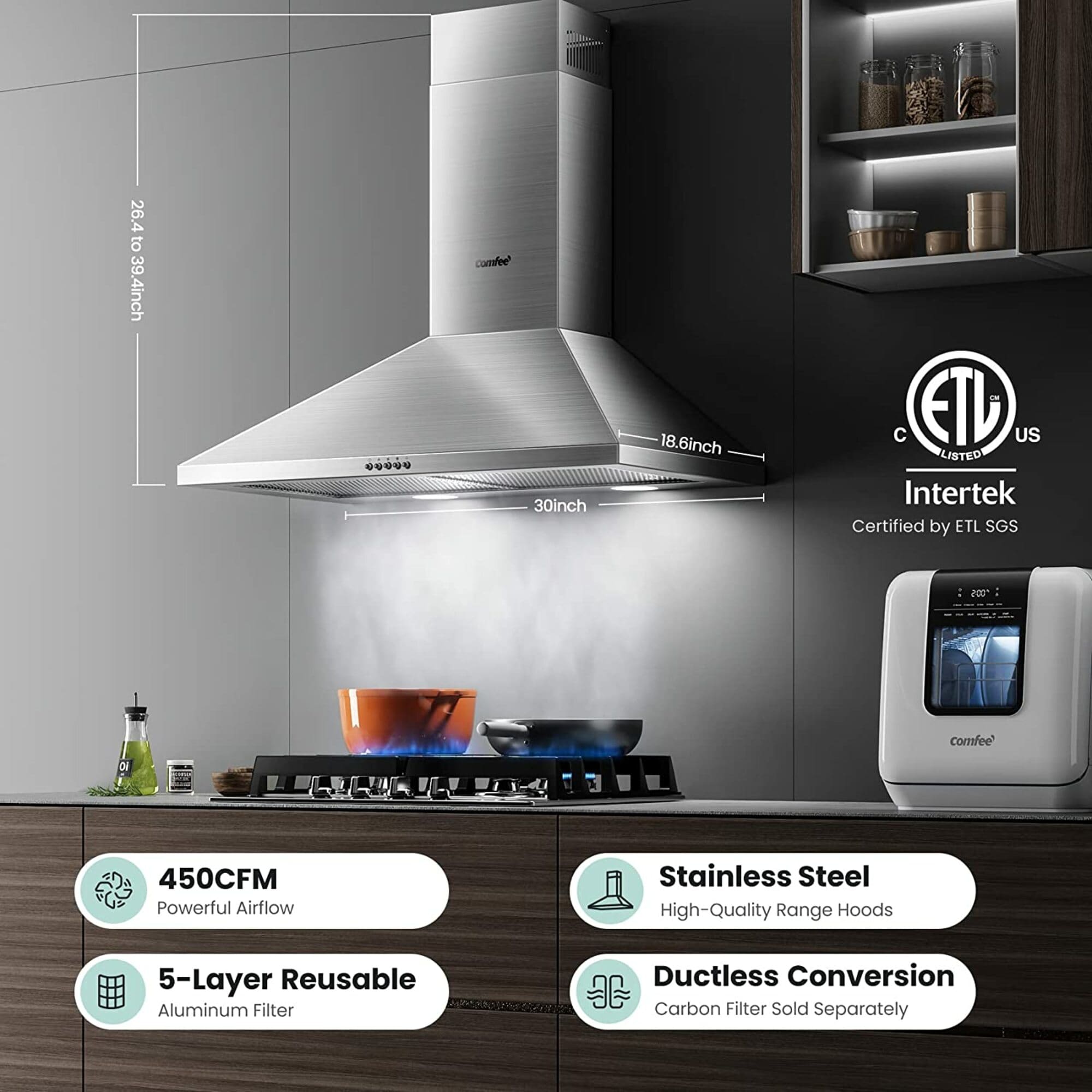  Range Hood 30 inch Stainless Steel, Wall Mount Stove Hood  Ducted/Ductless Convertible with 3 Speed Kitchen Vent Hood, Touch Control,  Energy-saving LED Lights, 5-Layer Aluminum Filters : Appliances