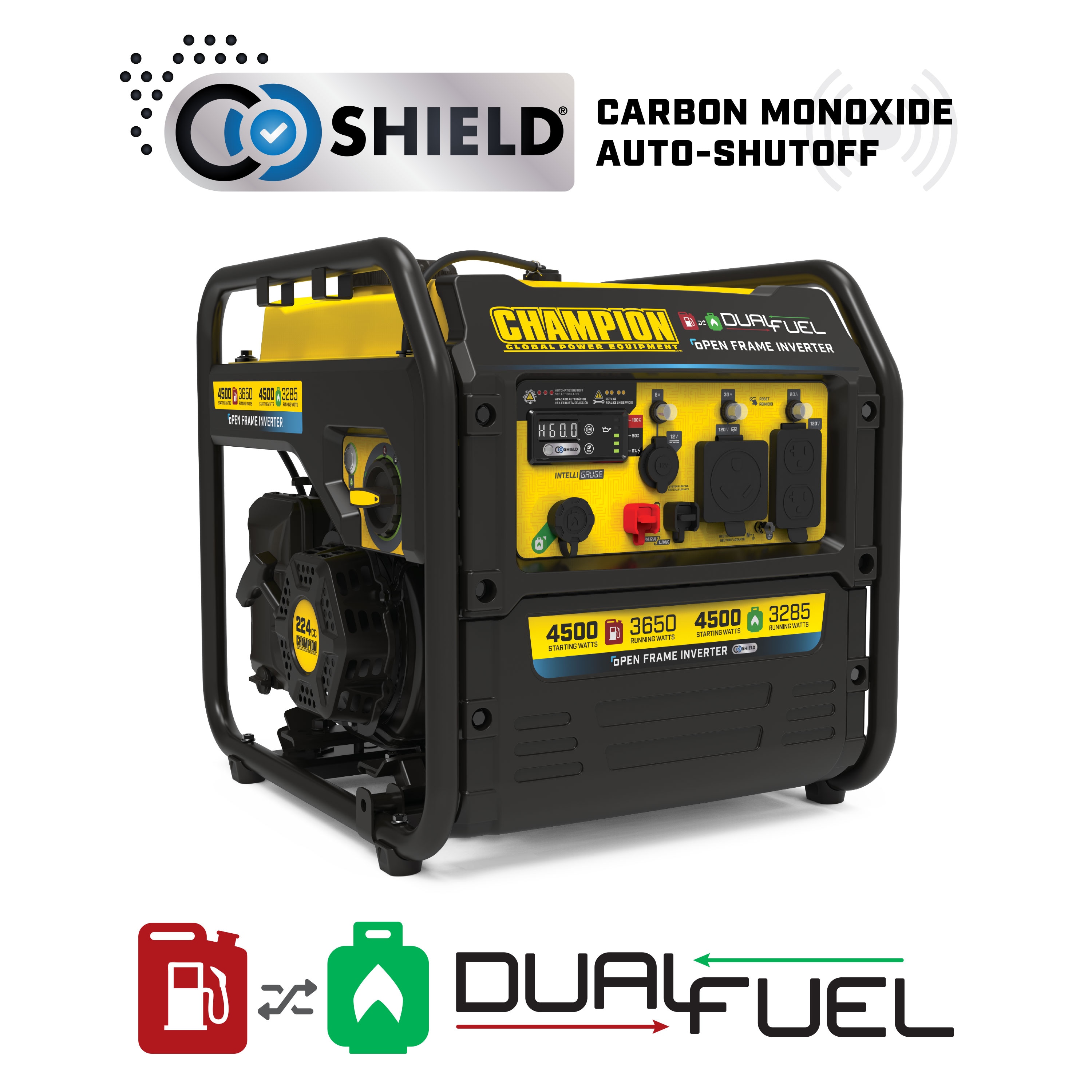 Champion Power Equipment Electric Start RV Ready with Quiet Technology and CO Shield 4500 -Watt Dual Fuel (Gasoline/Propane) Inverter Generator #201321