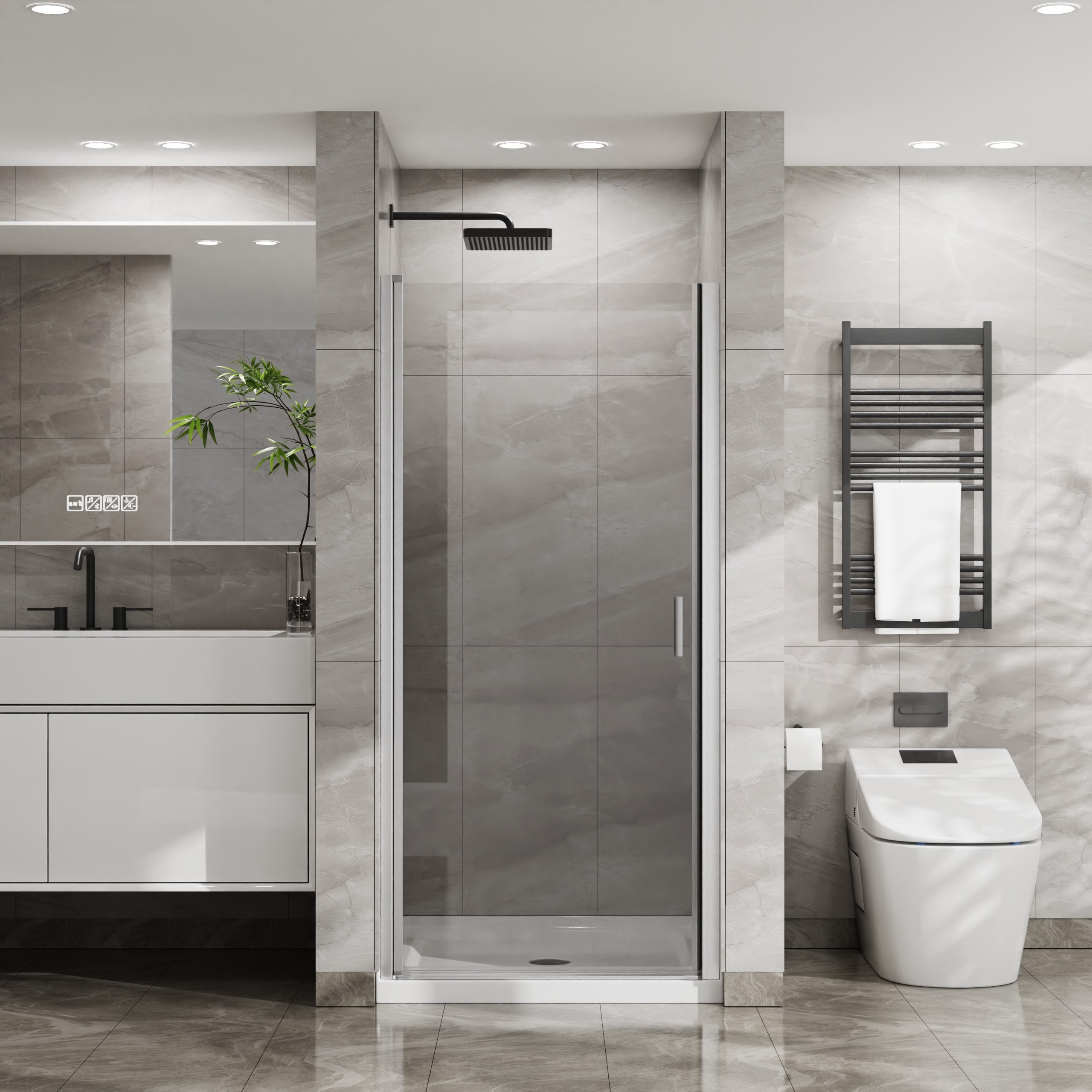 GDFStudio 34 in. W x 72 in. H Modern Semi-Frameless 1/4 in. (6mm) Tempered Glass Pivot Shower Door with Reversible Installation and Waterproof Seal - Chrome