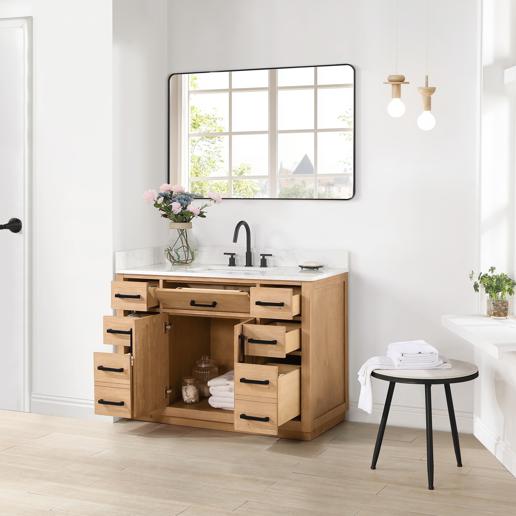 Gavino 48" Light Brown Wood Vanity with Mirror and Stone Top