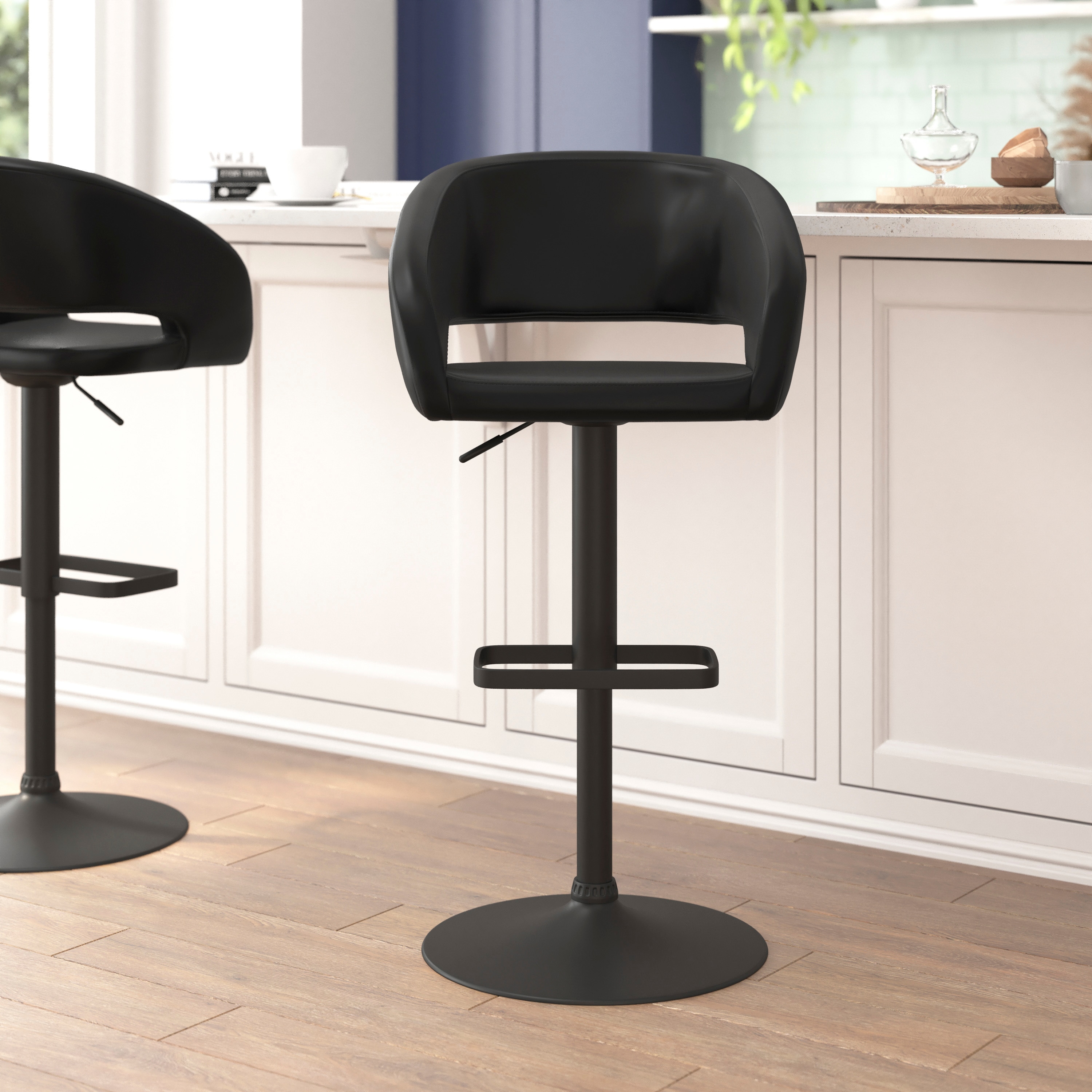 Flash Furniture Erik Contemporary Black Vinyl Adjustable Height Barstool with Rounded Mid-Back and Black Base