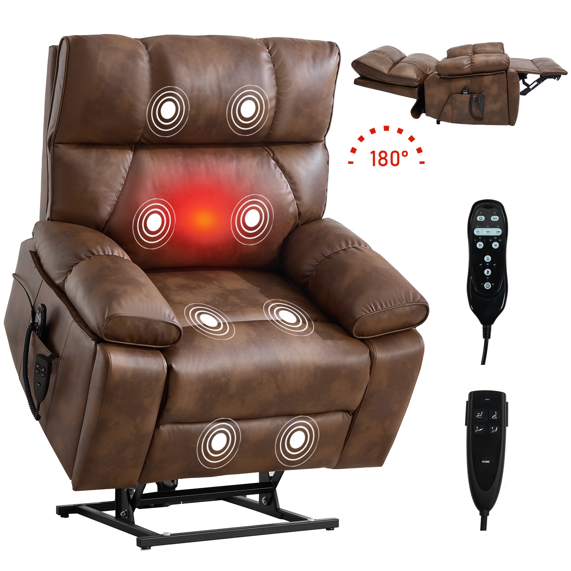 Boyel Living BL-CM843LBN Brown Leatheraire Heat Massage Dual Motor Infinite Position Up to 350 LBS Large Electric Power Lift Recliners with Hidden Cup Holders and Power-Remote