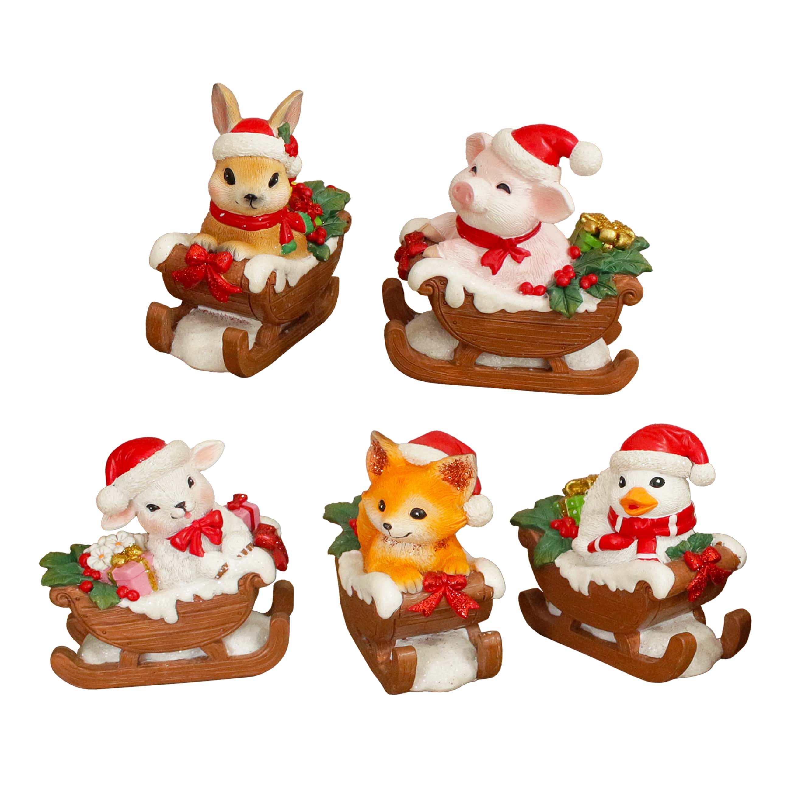 OrnamentallyYou Christmas Critters Animals on Sleighs Set of Five Figurines 5-in Tabletop Holiday Animal Decor #RSTATUE1048