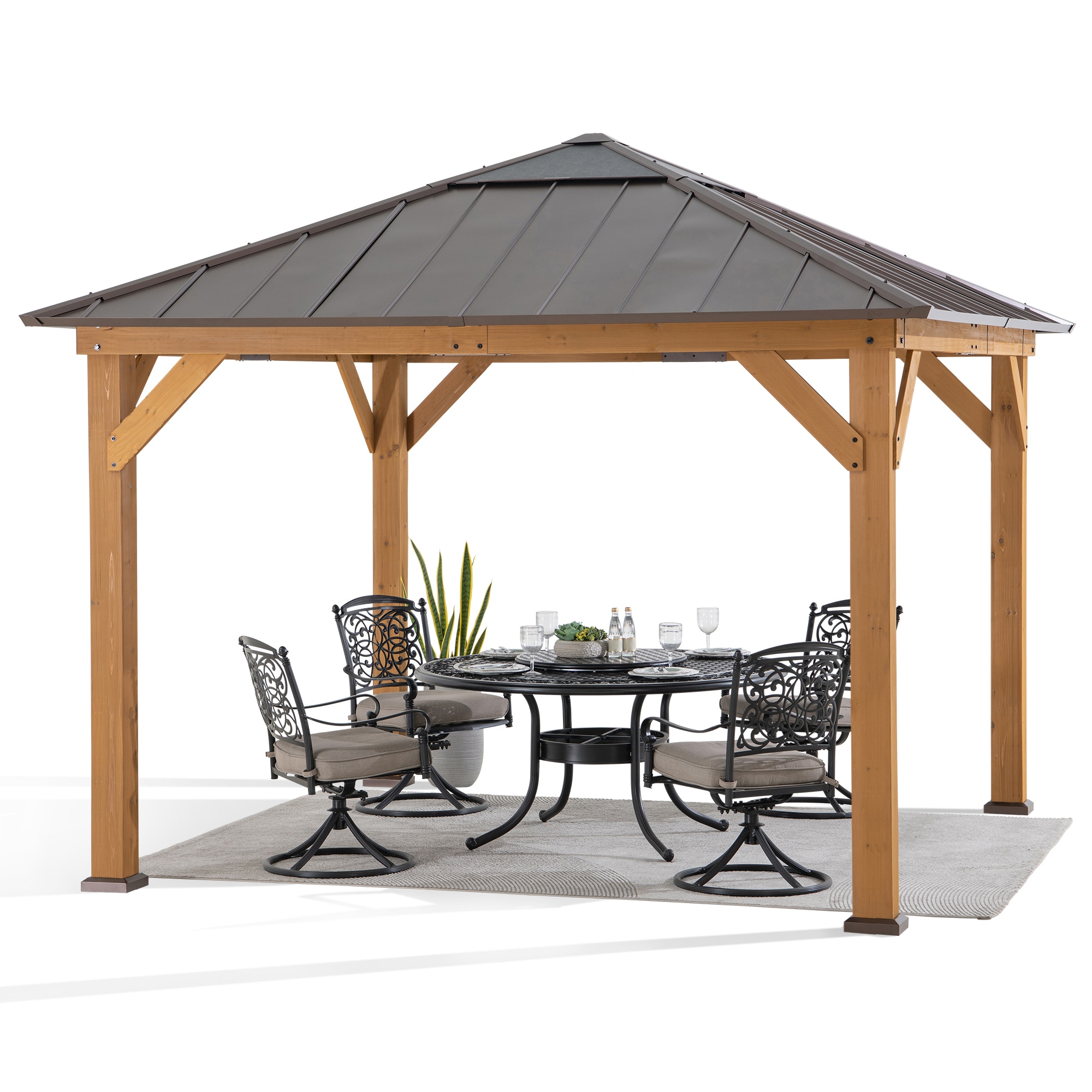 Sunjoy A102007260 11-ft x 11-ft Brown Square Gazebo with Hardtop Steel Roof